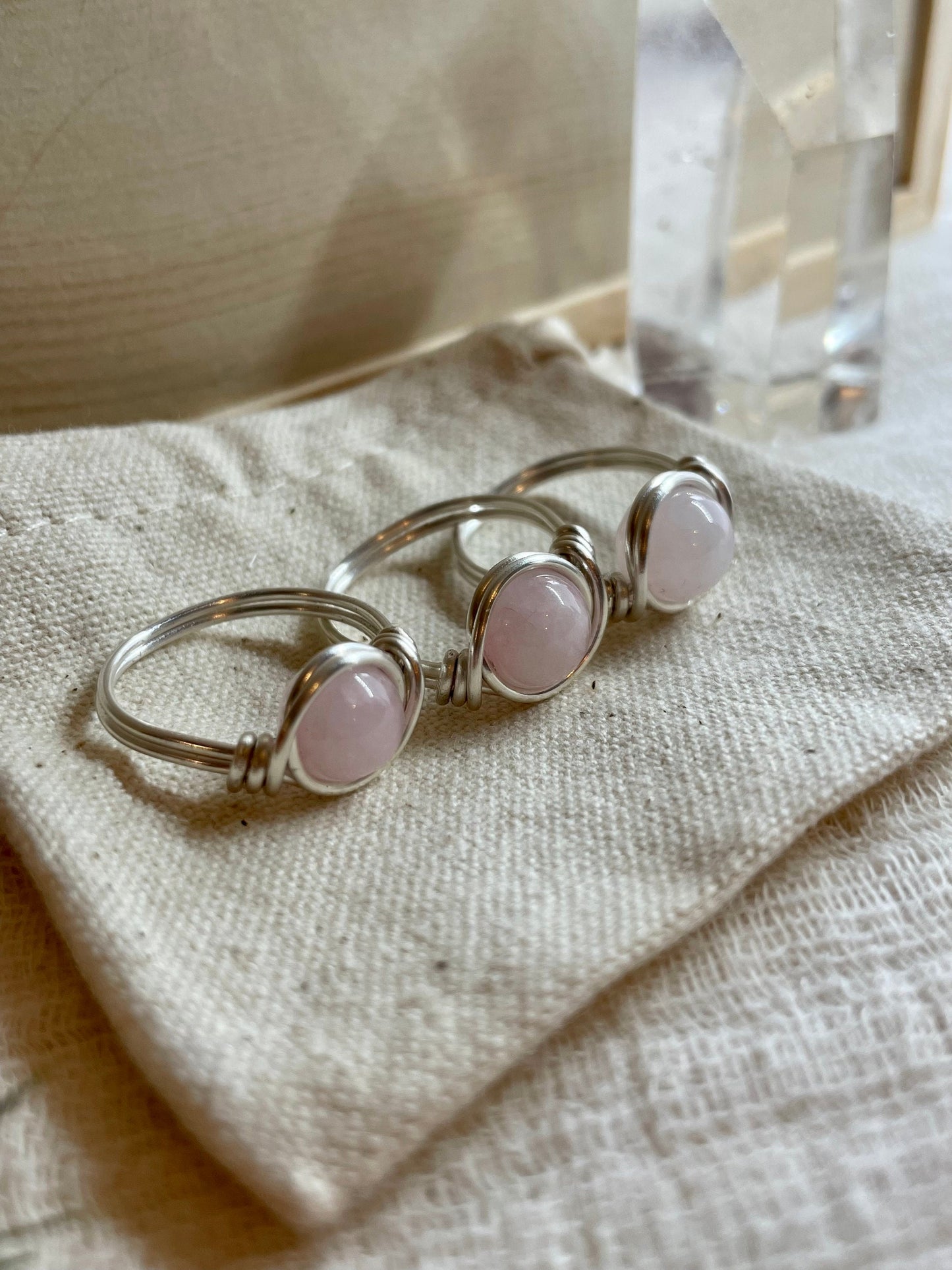 Sterling Silver Rose Quartz ring, wire wrapped, boho gift for her, love and passion