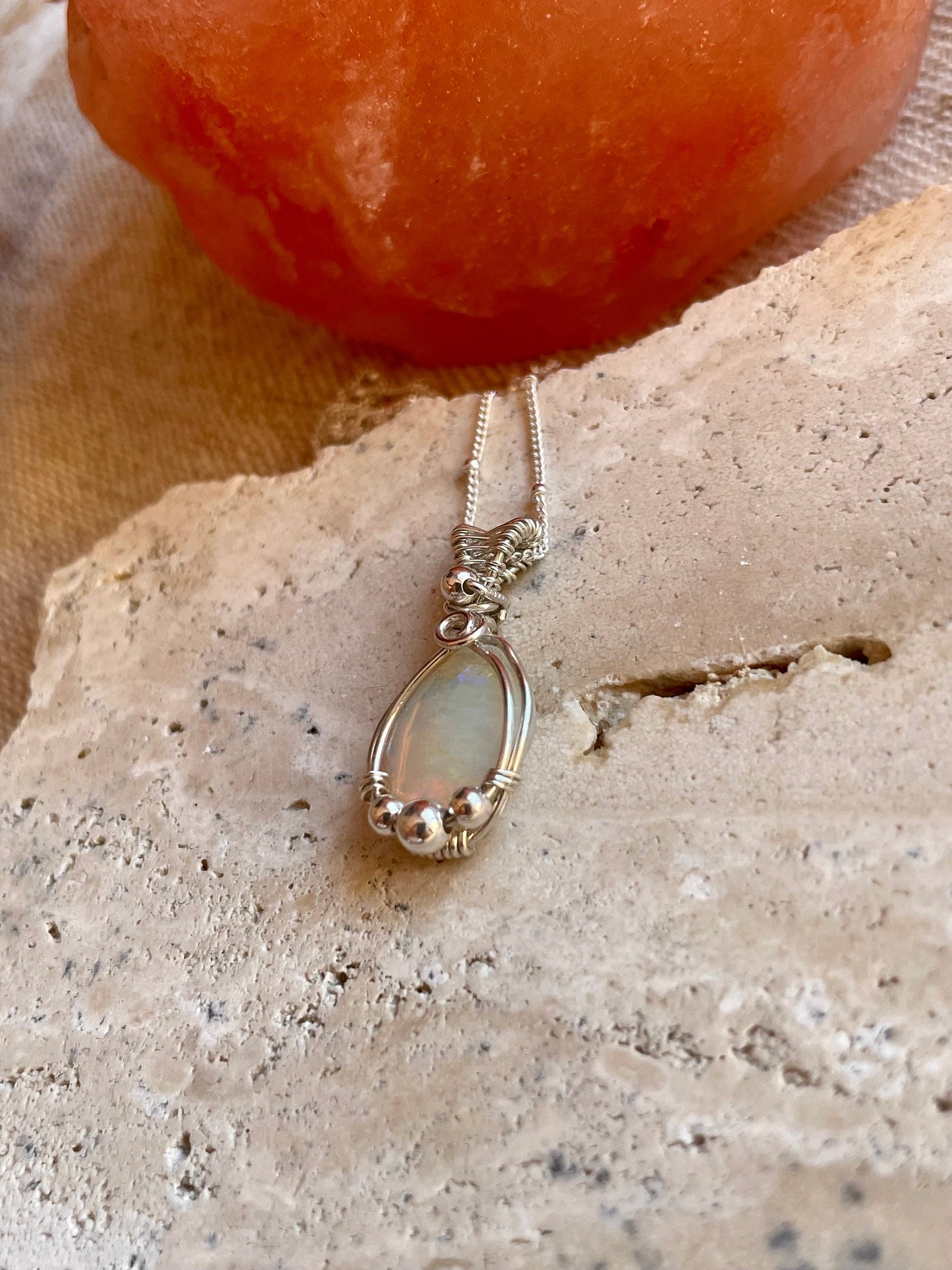 Ethiopian Opal in Sterling Silver, Wire wrap, Libra crystal gift, boho necklace