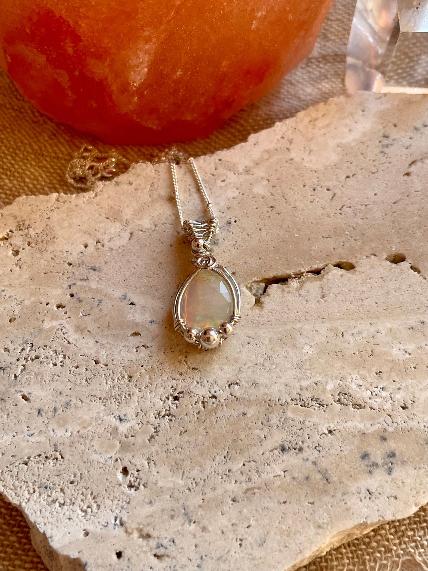 Ethiopian Opal in Sterling Silver, Wire wrap, Libra crystal gift, boho necklace