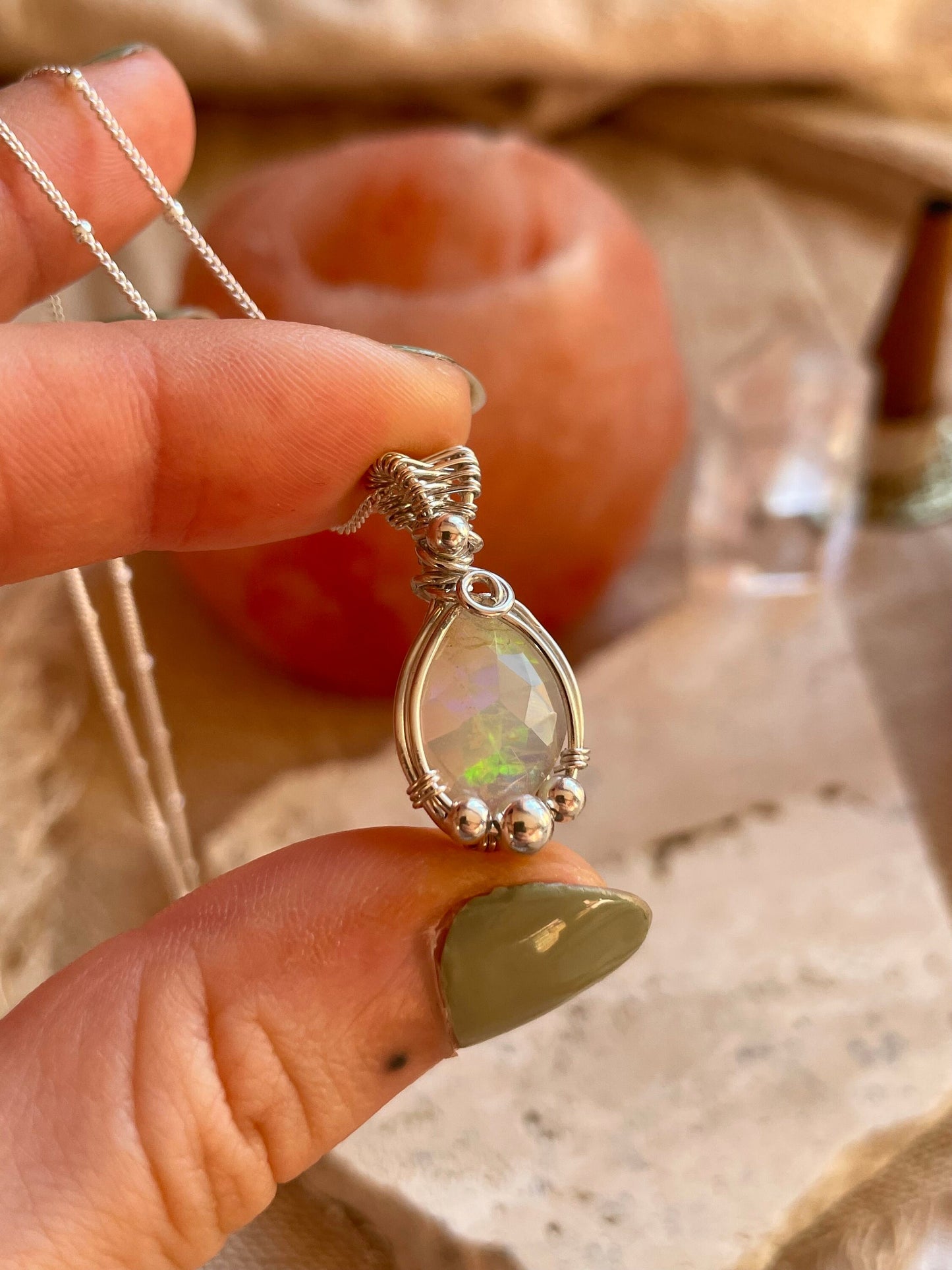 Ethiopian Opal in Sterling Silver, Wire wrap, Libra crystal gift, boho necklace