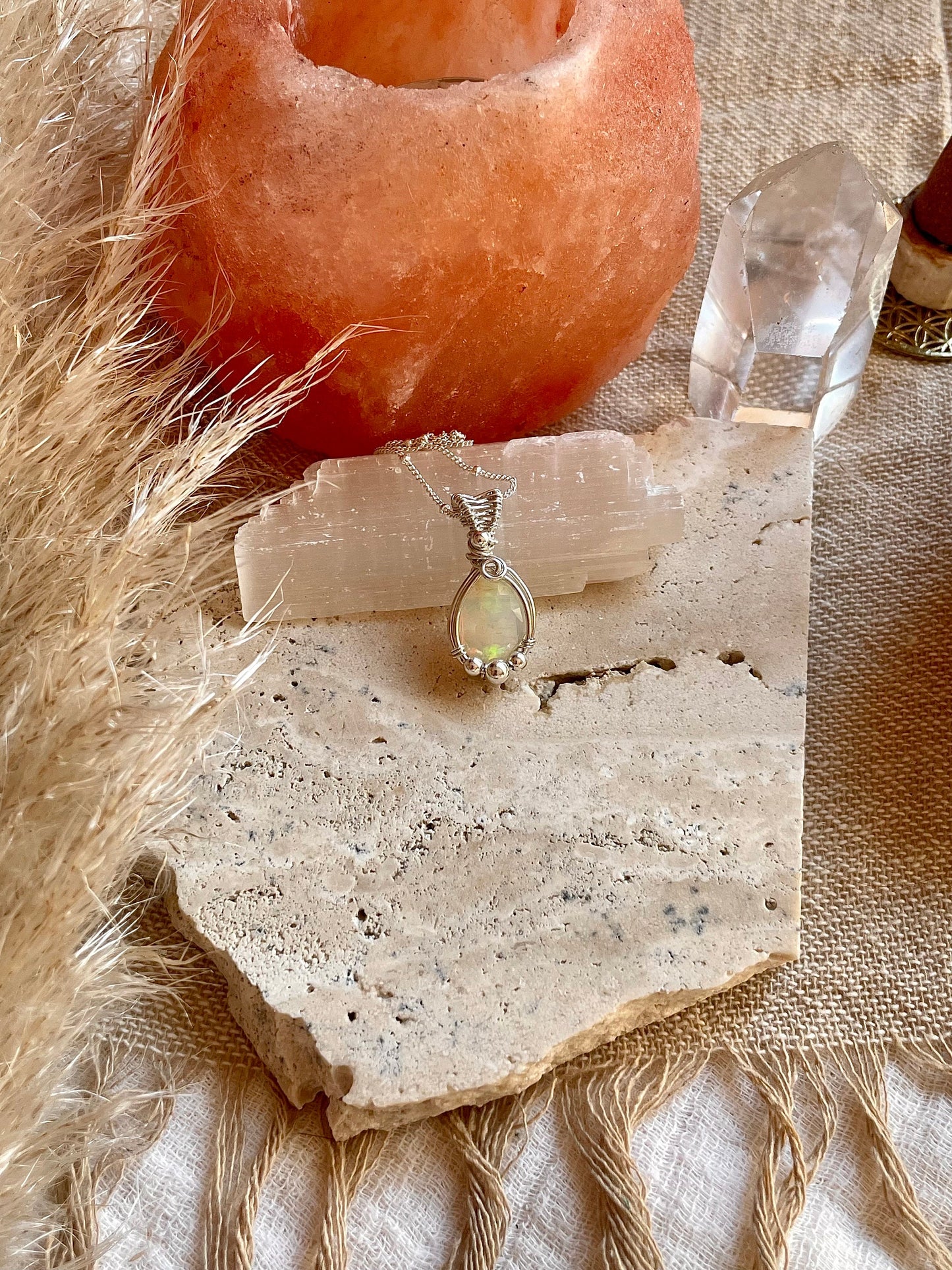 Ethiopian Opal in Sterling Silver, Wire wrap, Libra crystal gift, boho necklace