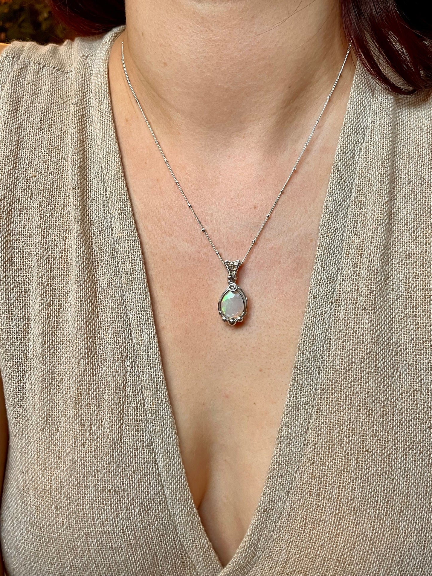 Ethiopian Opal in Sterling Silver, Wire wrap, Libra crystal gift, boho necklace