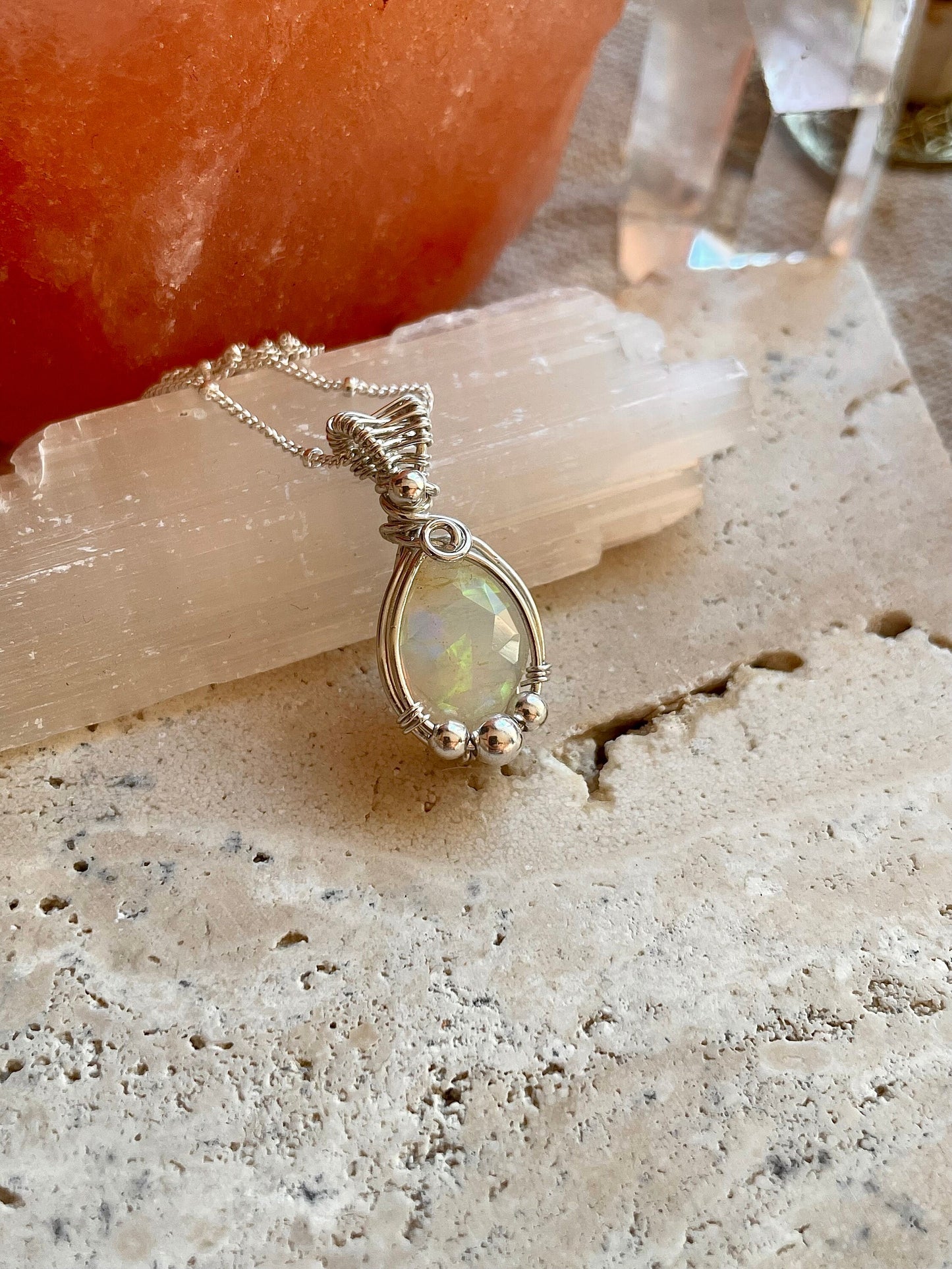 Ethiopian Opal in Sterling Silver, Wire wrap, Libra crystal gift, boho necklace