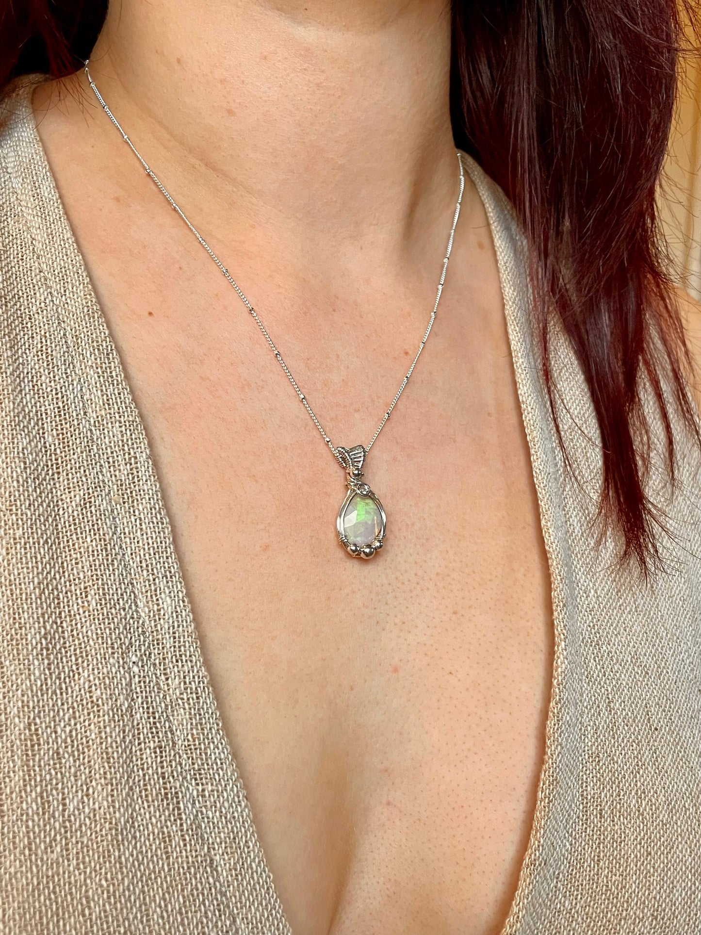 Ethiopian Opal in Sterling Silver, Wire wrap, Libra crystal gift, boho necklace