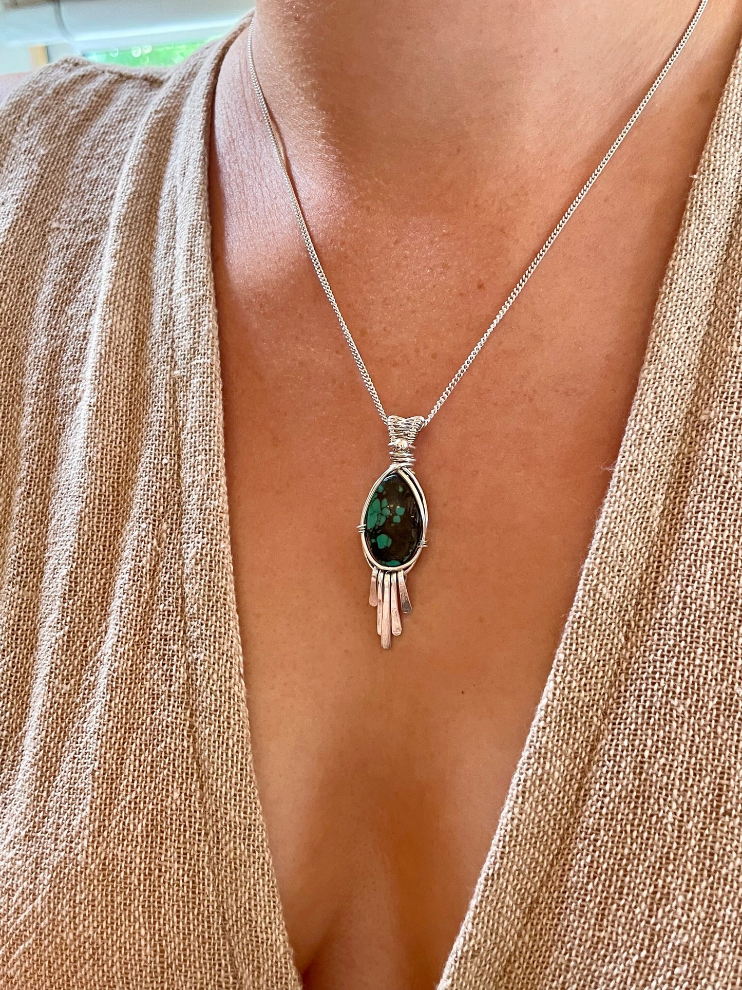 Turquoise in Sterling Silver necklace, Tassel Fringe Pendant, December Birthstone, Gift for her