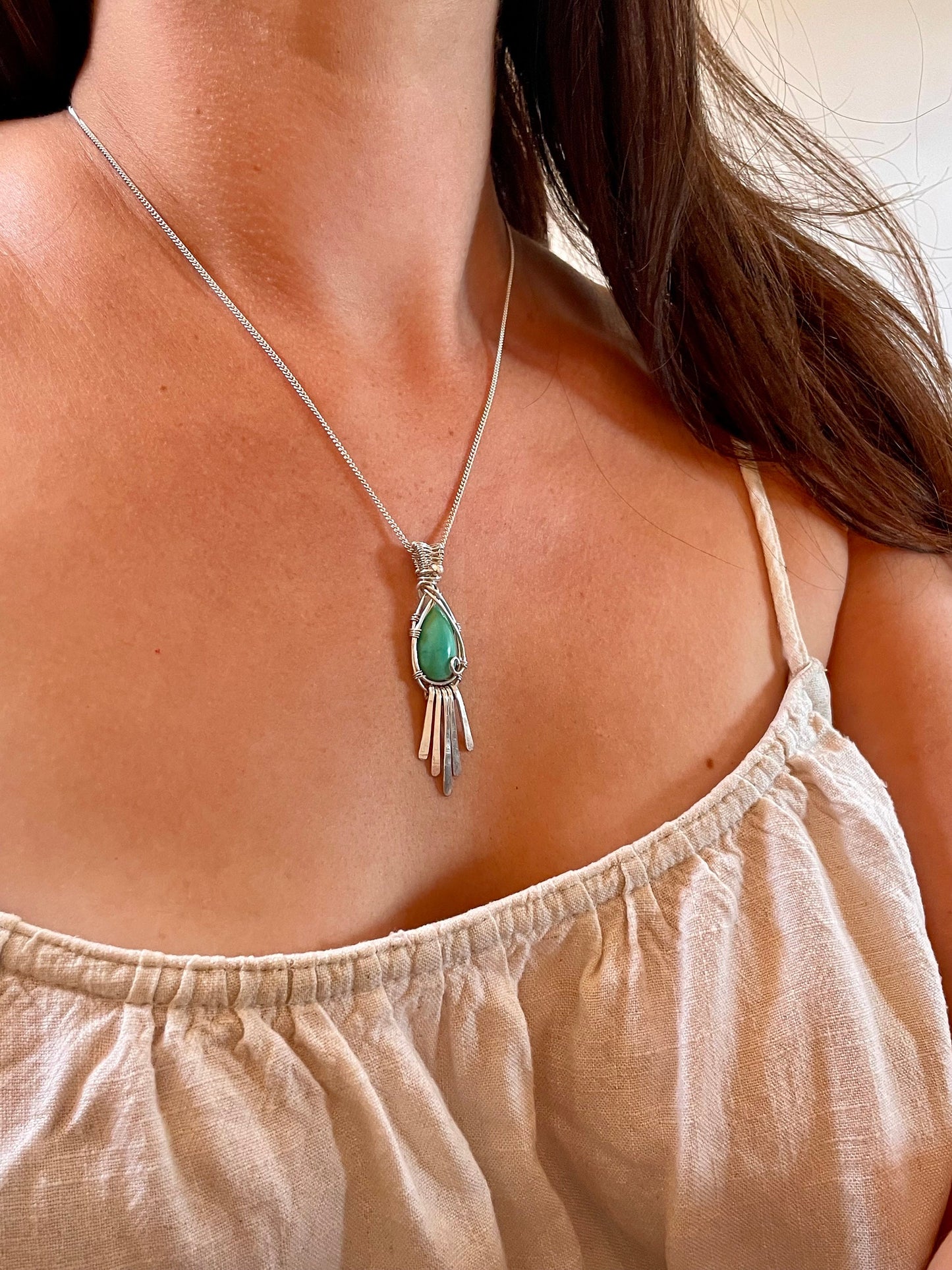 Sleeping Beauty Turquoise in Sterling Silver, December Birthstone, Tassel Fringe necklace