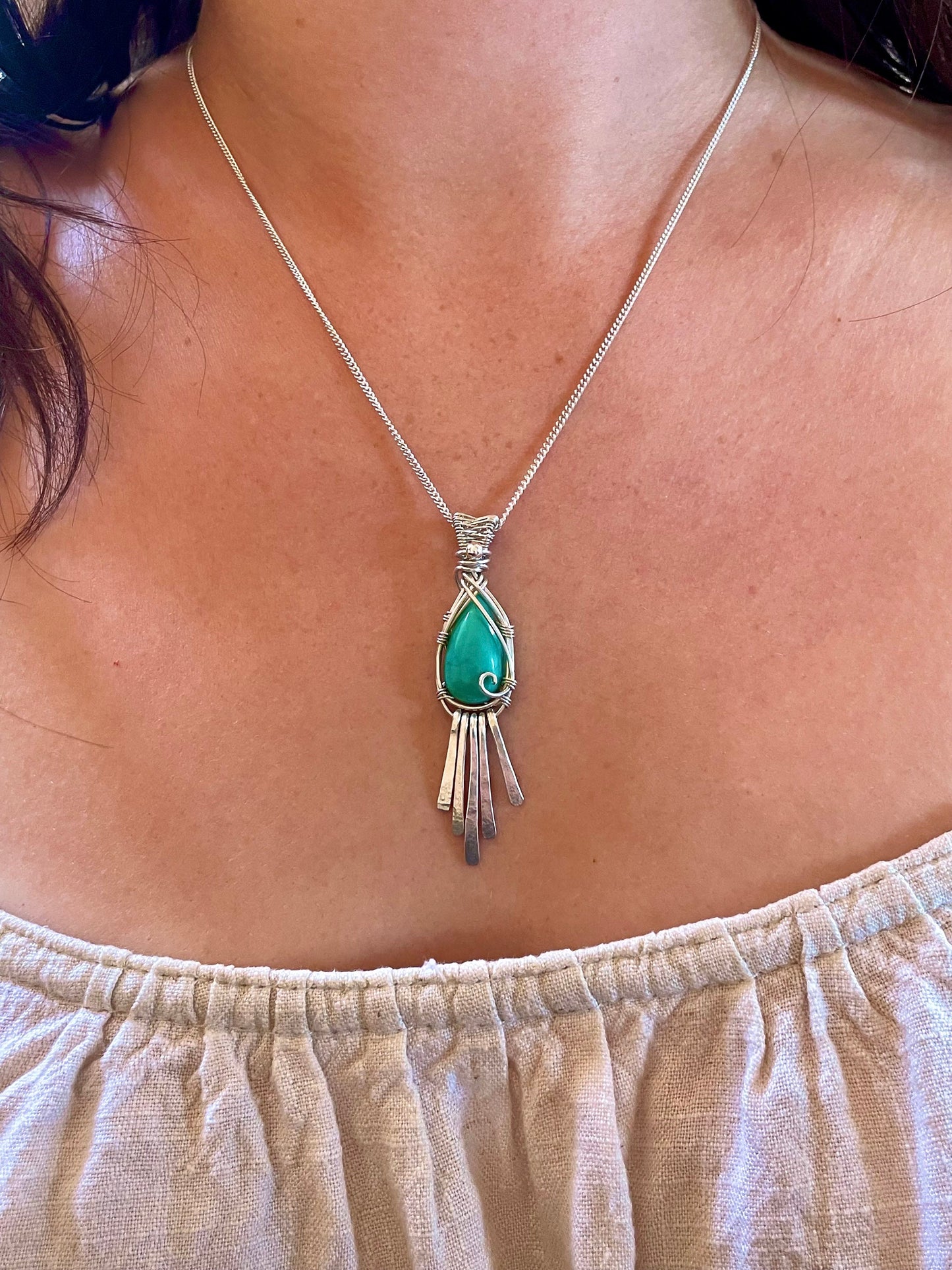 Sleeping Beauty Turquoise in Sterling Silver, December Birthstone, Tassel Fringe necklace