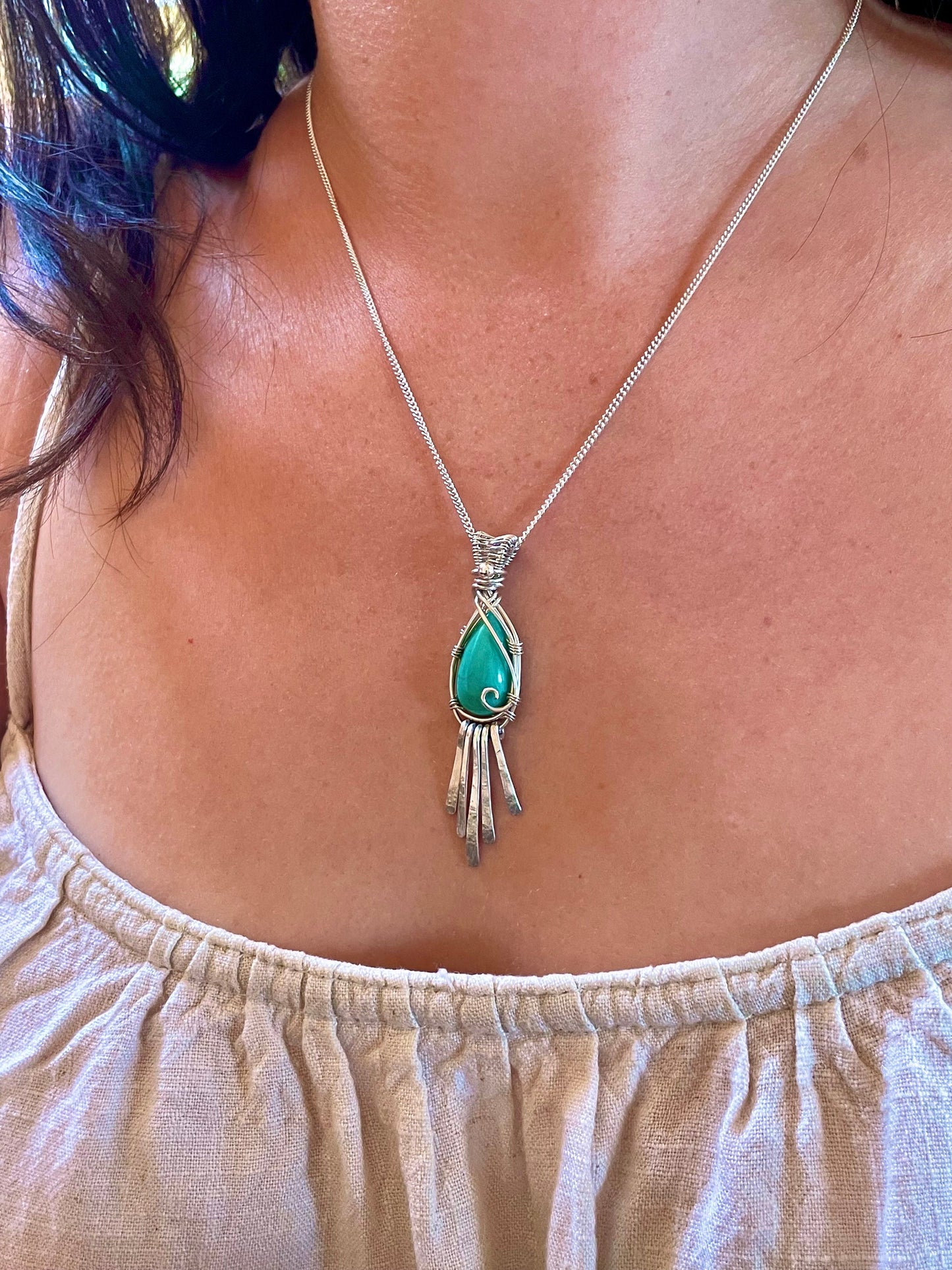 Sleeping Beauty Turquoise in Sterling Silver, December Birthstone, Tassel Fringe necklace