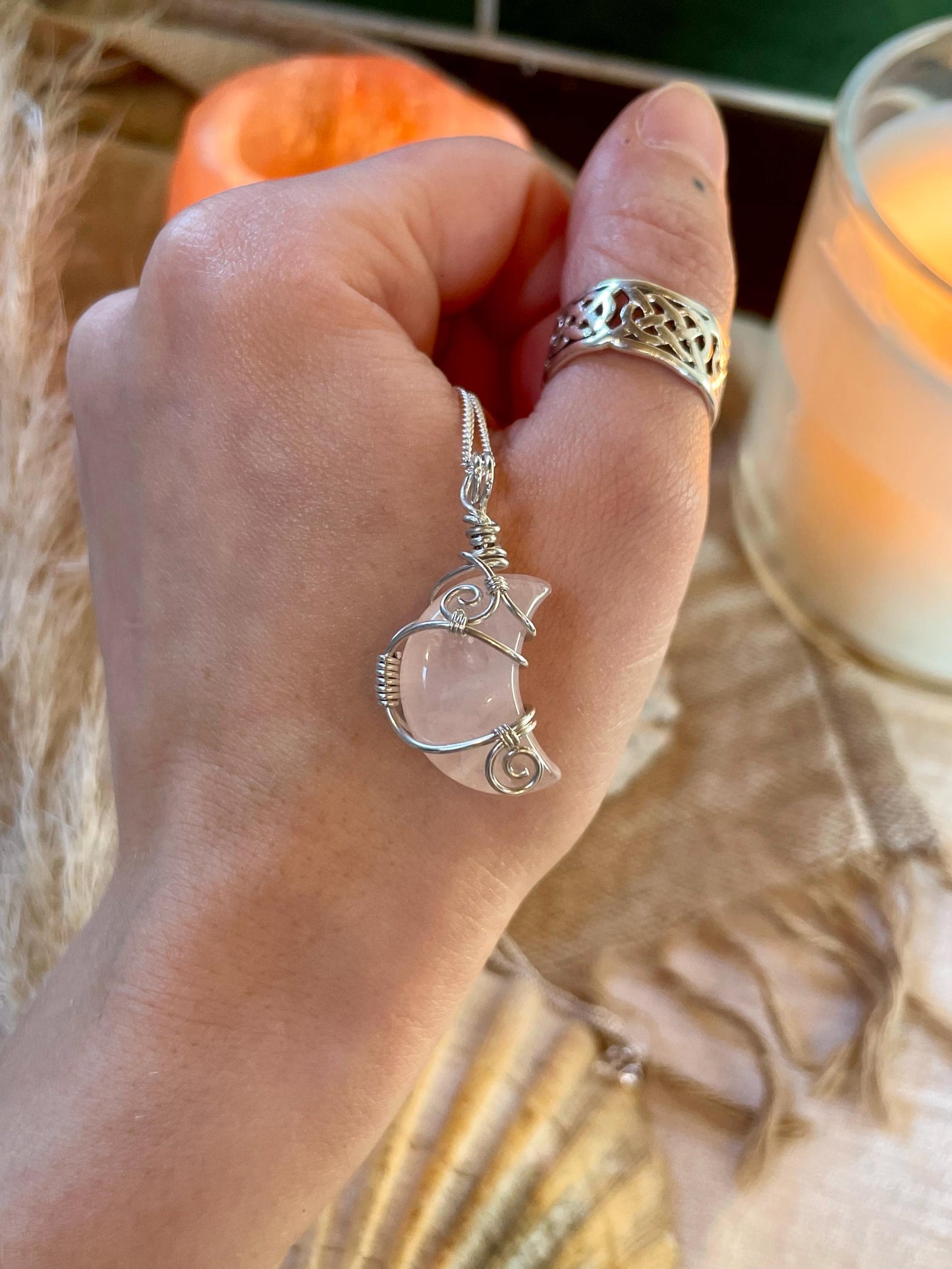 Sterling Silver Rose Quartz Moon necklace, Witchy gift for her, love and romance