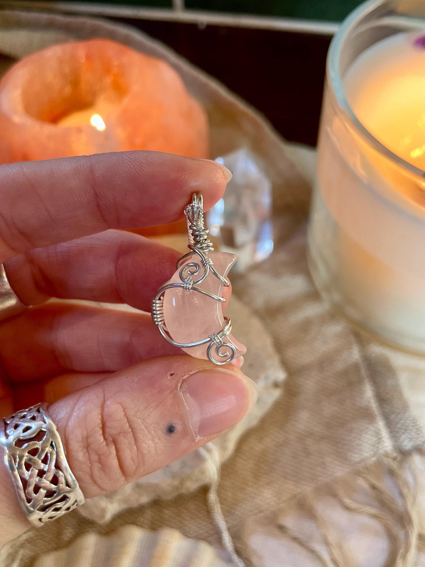 Sterling Silver Rose Quartz Moon necklace, Witchy gift for her, love and romance