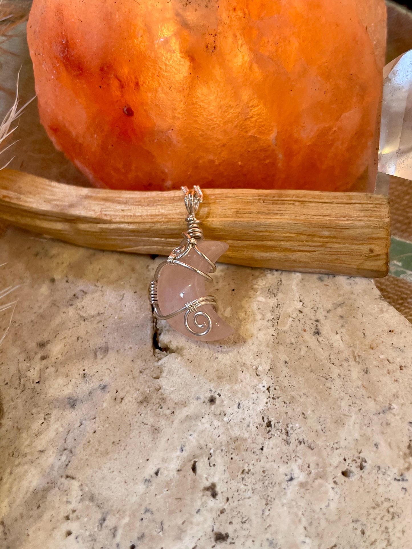 Sterling Silver Rose Quartz Moon necklace, Witchy gift for her, love and romance