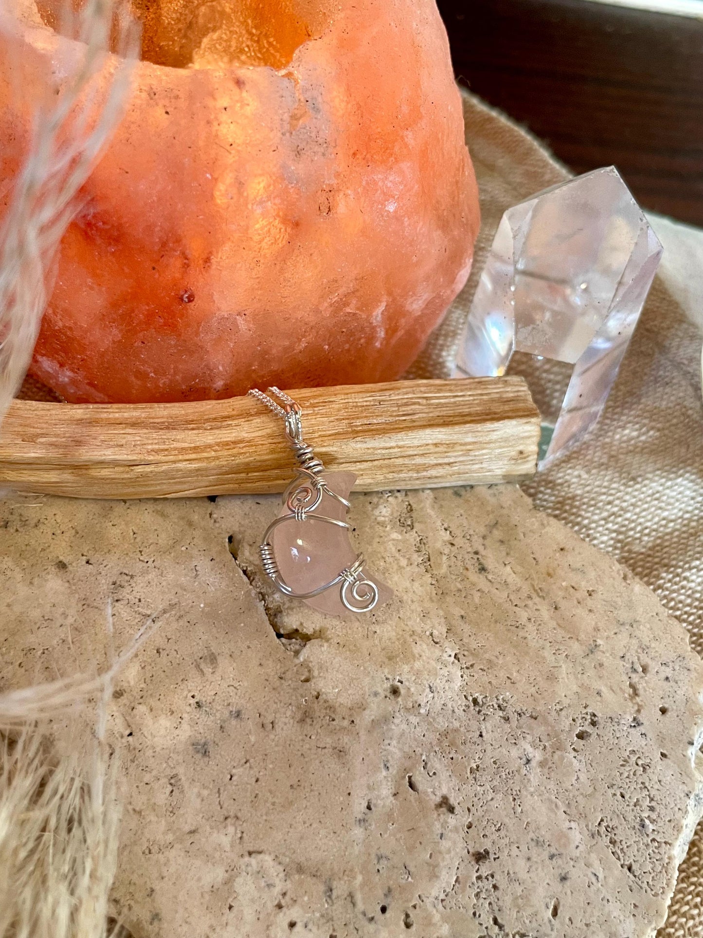 Sterling Silver Rose Quartz Moon necklace, Witchy gift for her, love and romance