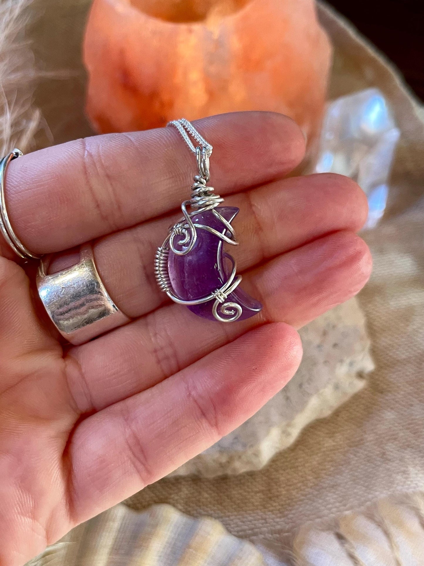 Sterling Silver Amethyst Moon necklace, Witchy gift for her, Stress and Anxiety