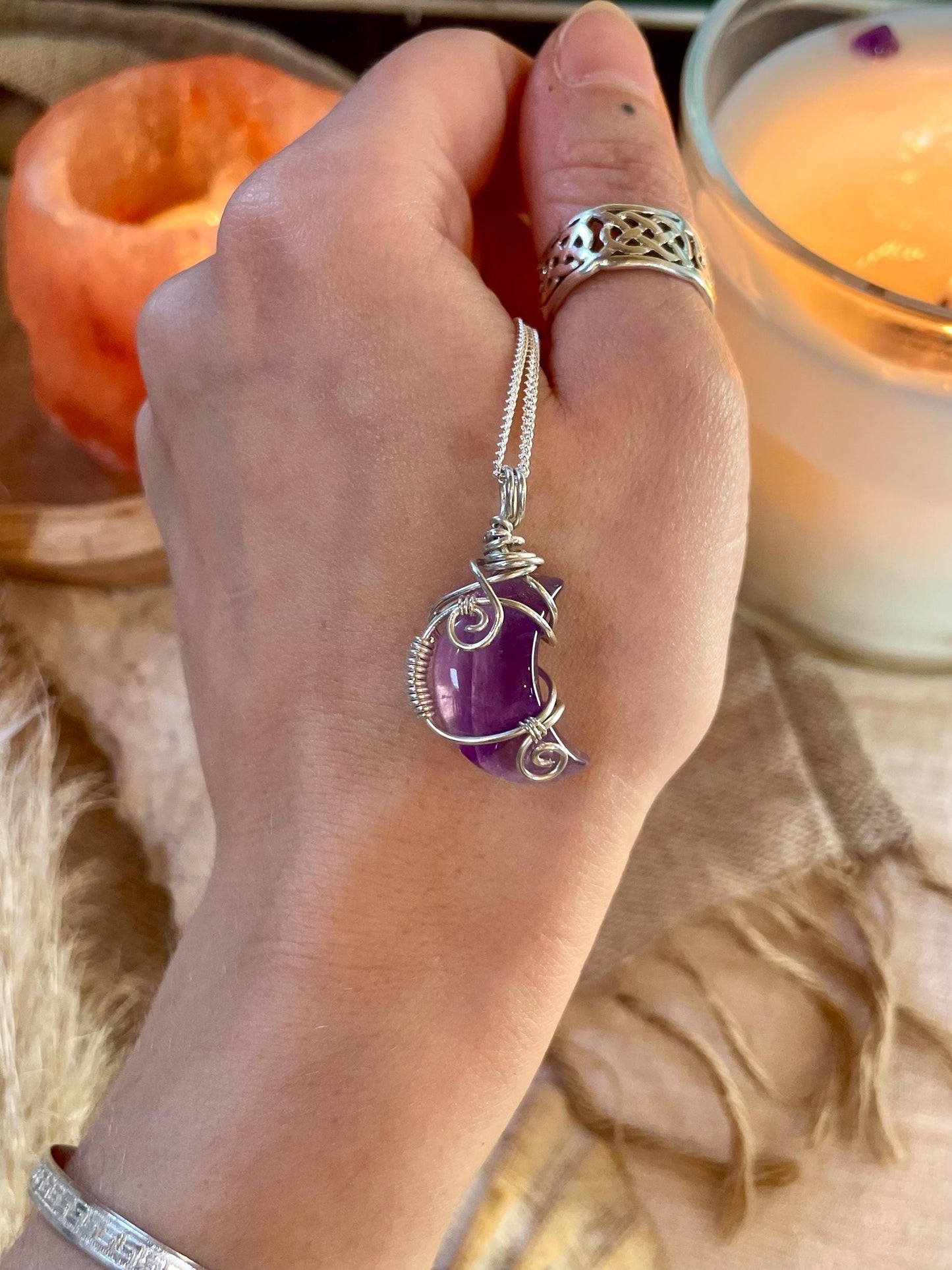 Sterling Silver Amethyst Moon necklace, Witchy gift for her, Stress and Anxiety