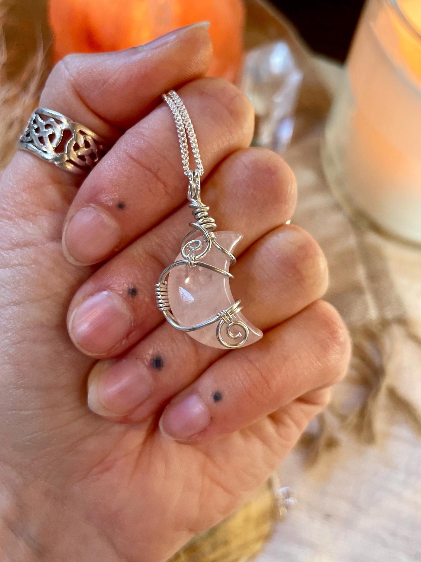 Sterling Silver Rose Quartz Moon necklace, Witchy gift for her, love and romance