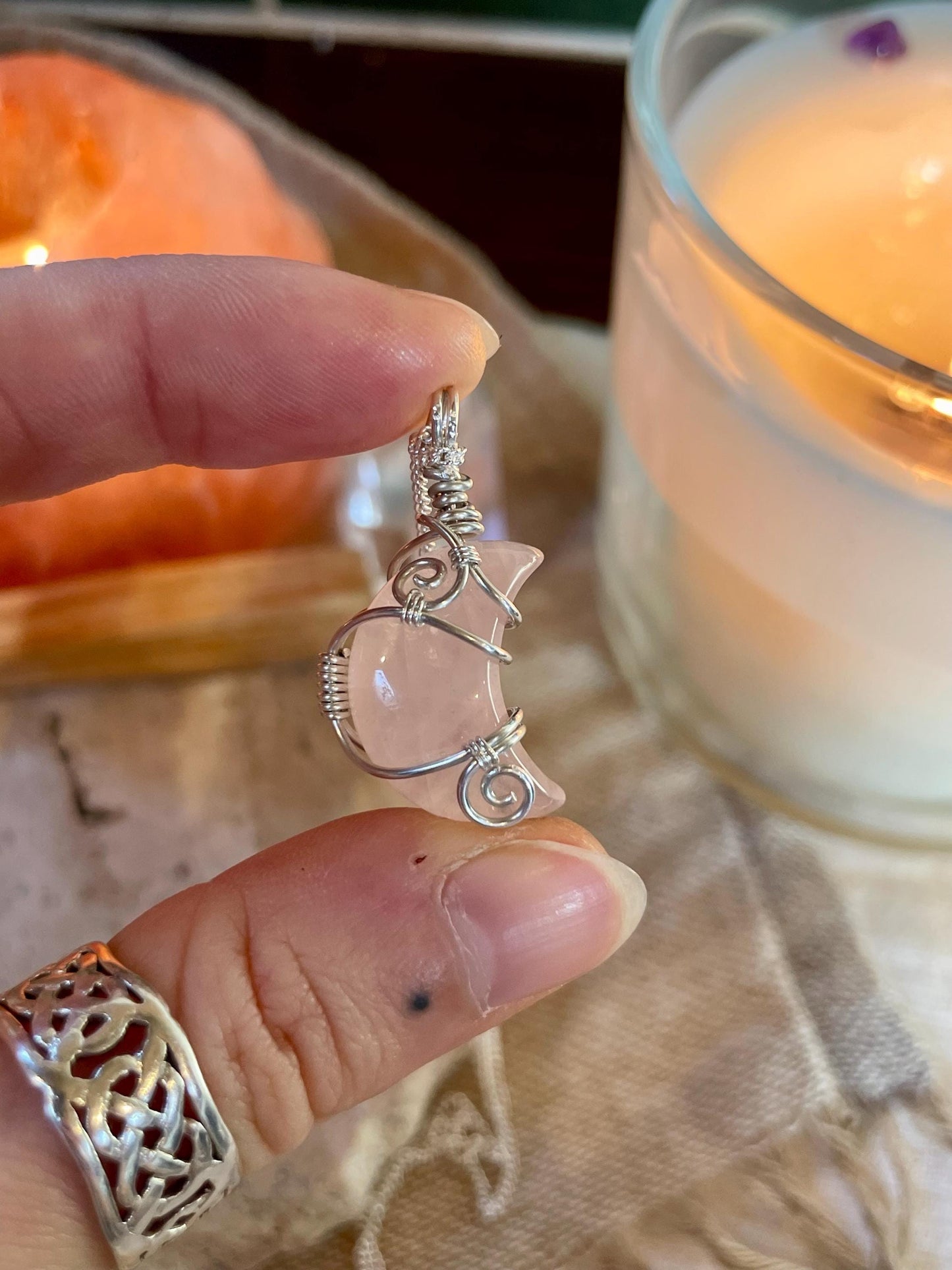 Sterling Silver Rose Quartz Moon necklace, Witchy gift for her, love and romance