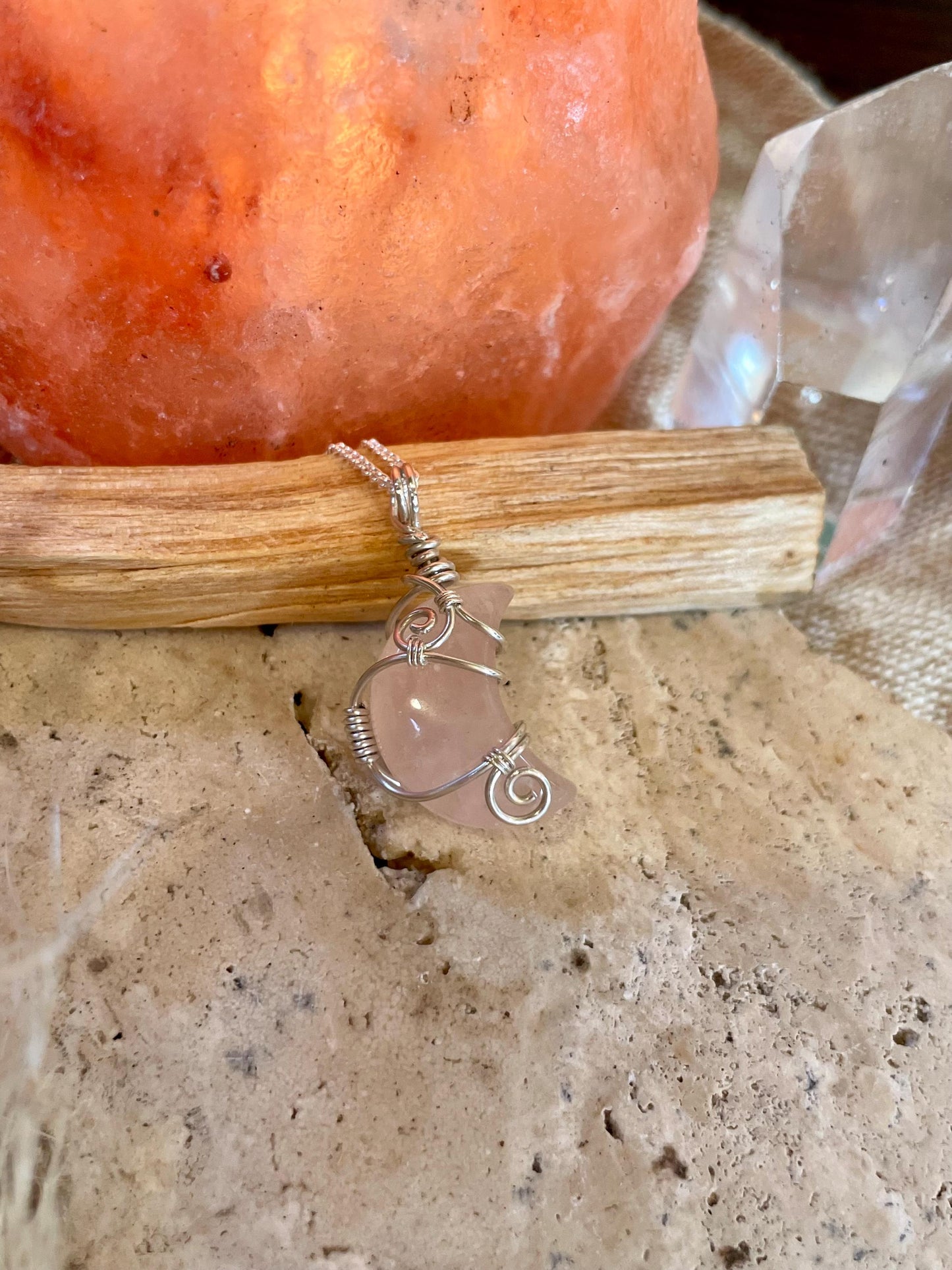 Sterling Silver Rose Quartz Moon necklace, Witchy gift for her, love and romance