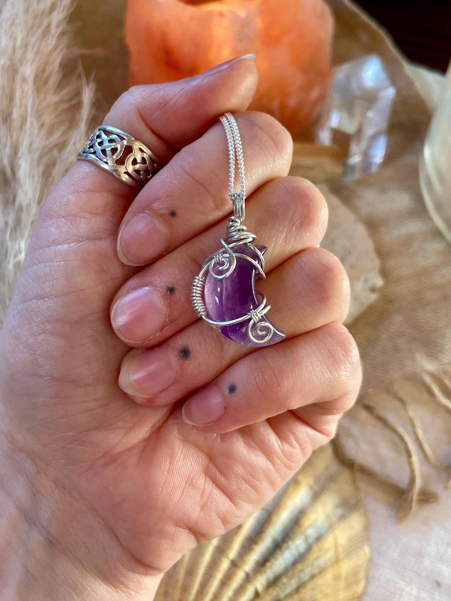 Sterling Silver Amethyst Moon necklace, Witchy gift for her, Stress and Anxiety