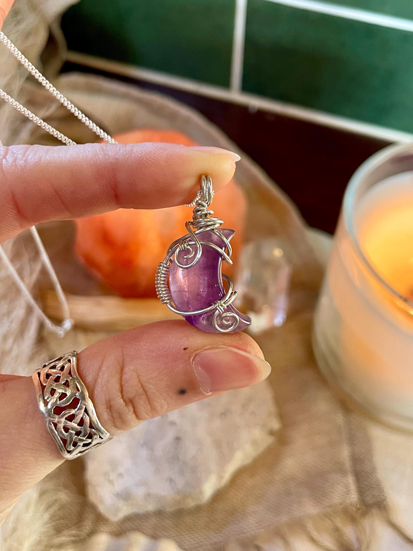 Sterling Silver Amethyst Moon necklace, Witchy gift for her, Stress and Anxiety