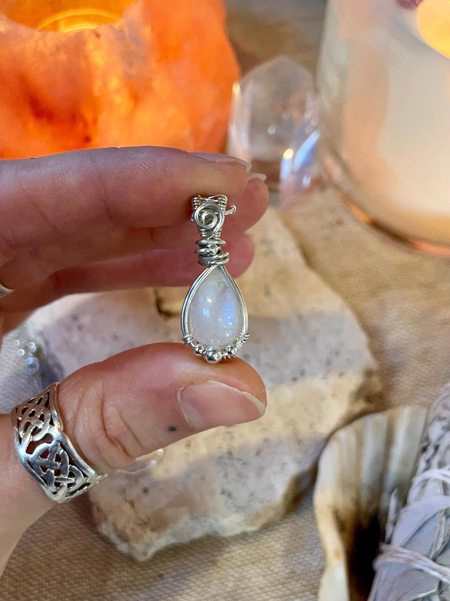 Rainbow Moonstone Silver necklace, Goddess Gift for her, Wire wrap, June Birthday