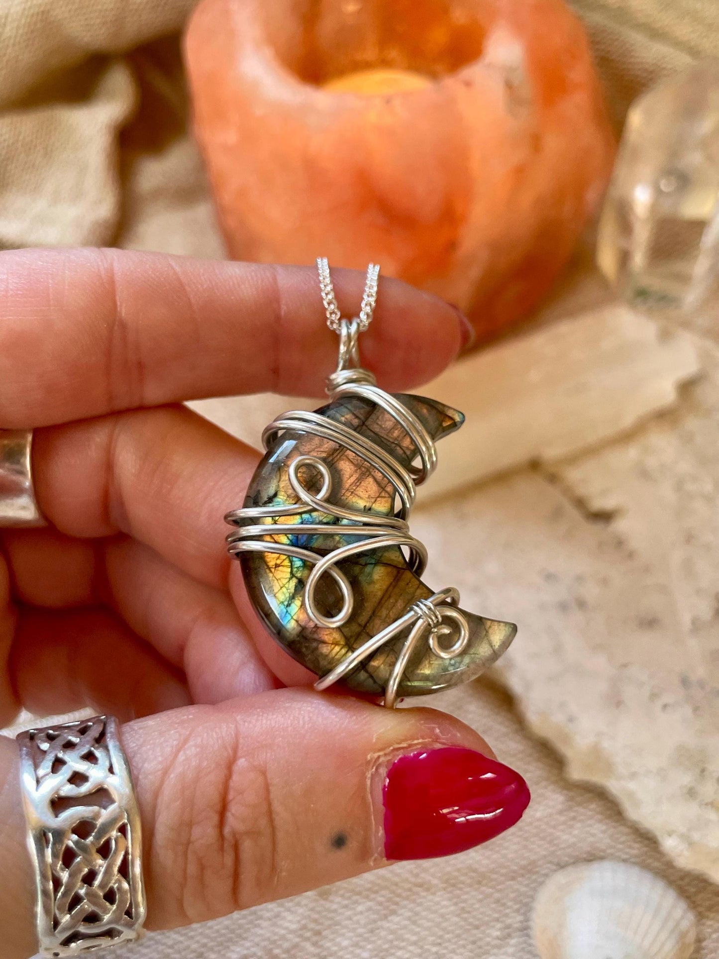 Labradorite crescent moon necklace, Sterling Silver pendant, Witchy gift for her