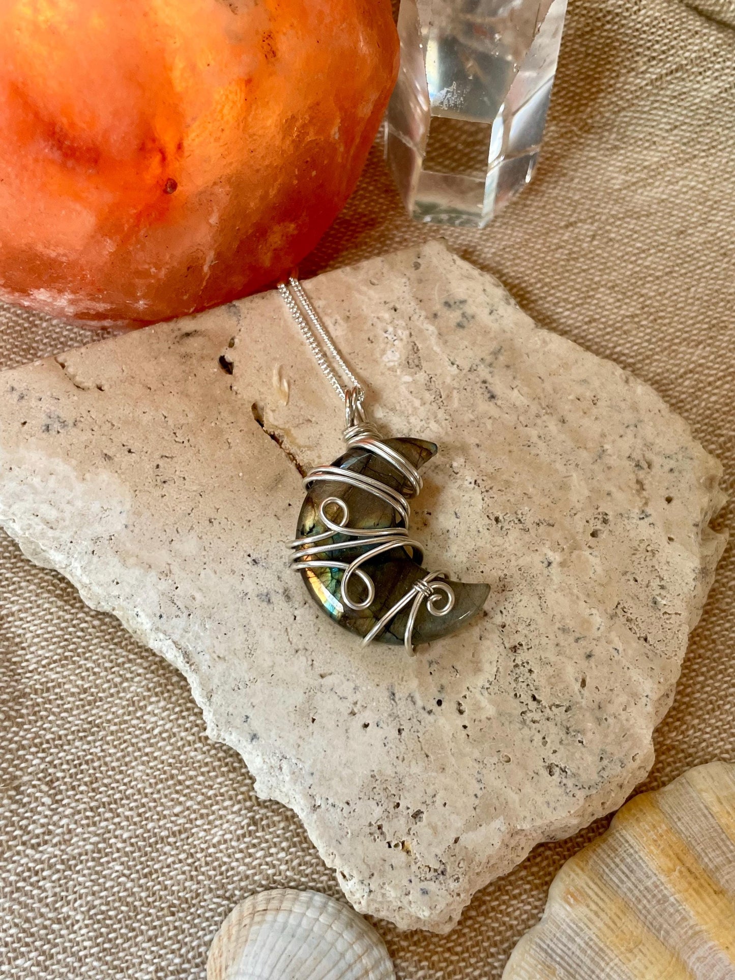 Labradorite crescent moon necklace, Sterling Silver pendant, Witchy gift for her