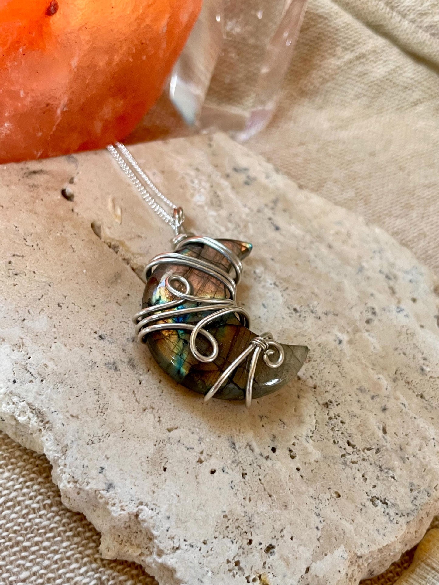 Labradorite crescent moon necklace, Sterling Silver pendant, Witchy gift for her