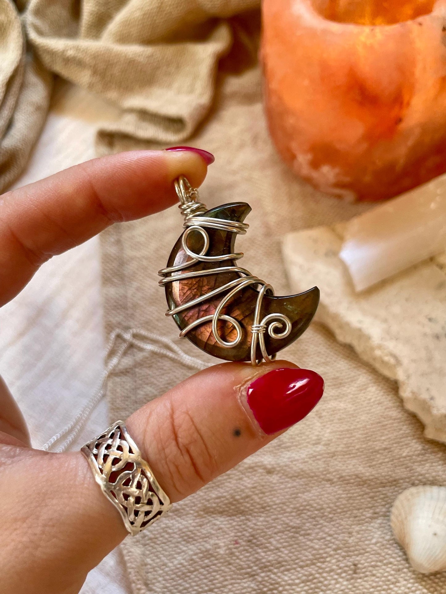 Labradorite crescent moon necklace, Sterling Silver pendant, Witchy gift for her