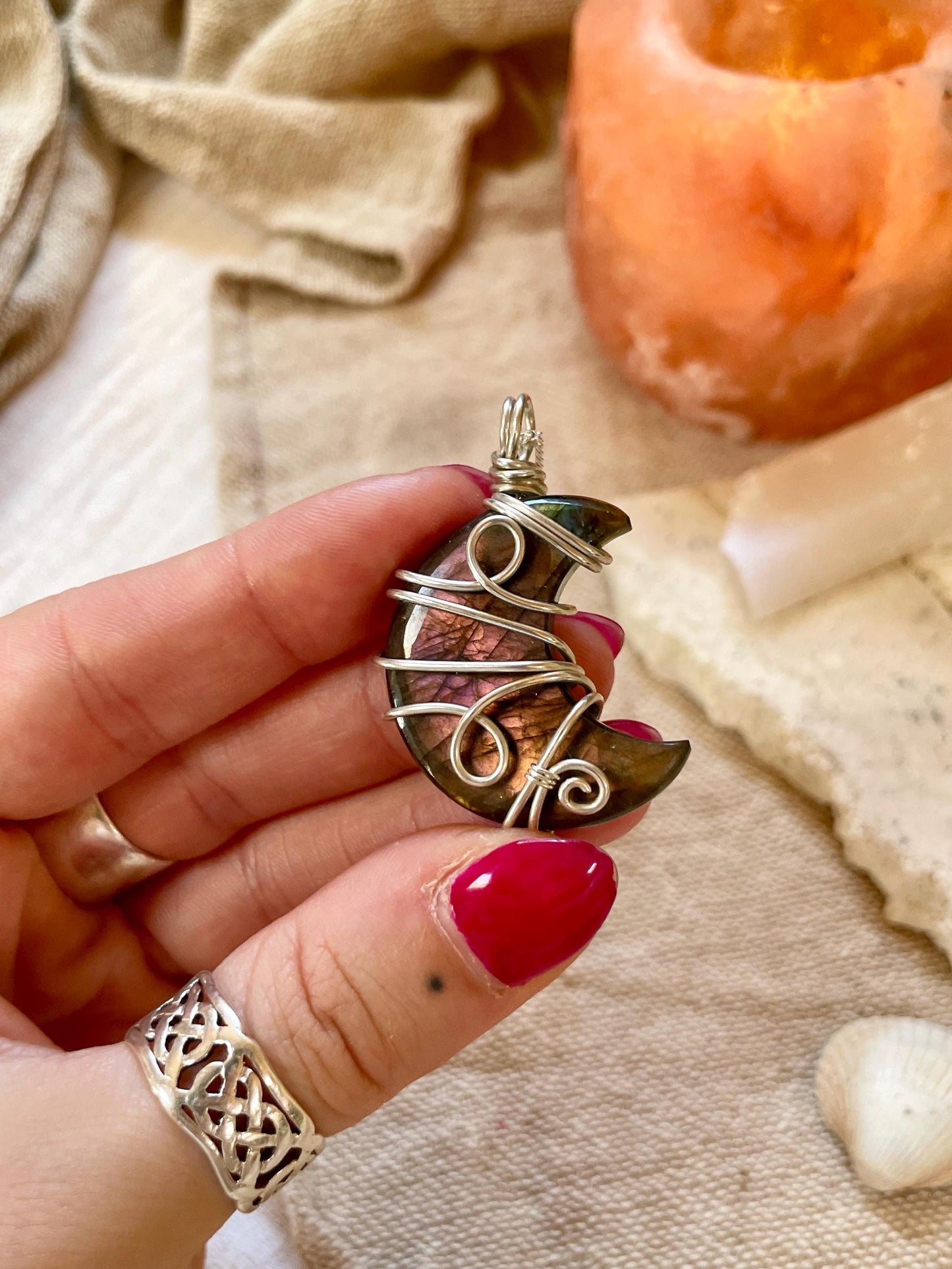 Labradorite crescent moon necklace, Sterling Silver pendant, Witchy gift for her