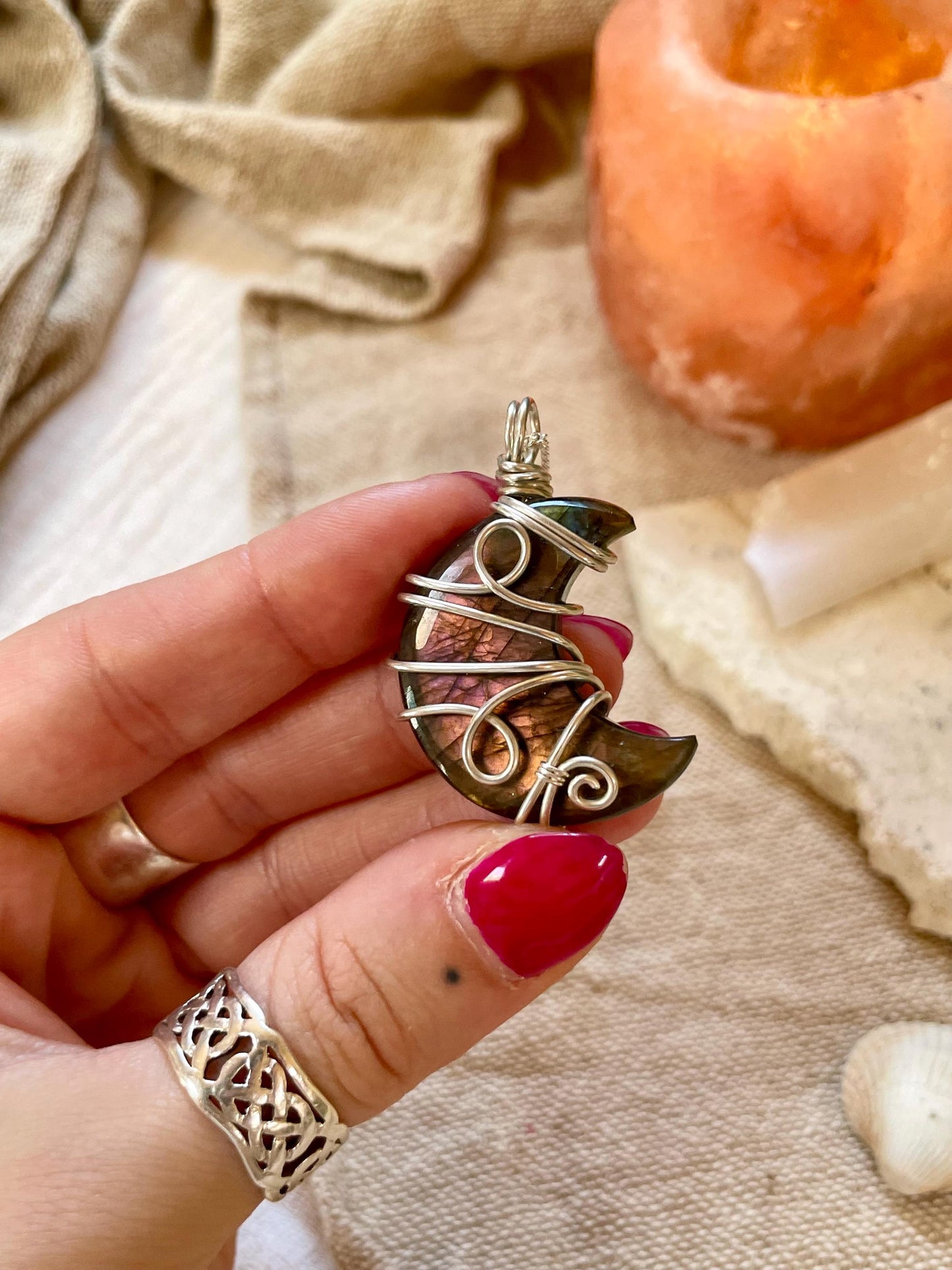 Labradorite crescent moon necklace, Sterling Silver pendant, Witchy gift for her