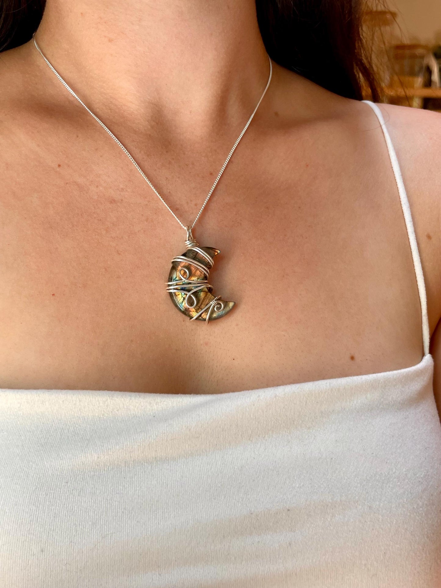 Labradorite crescent moon necklace, Sterling Silver pendant, Witchy gift for her