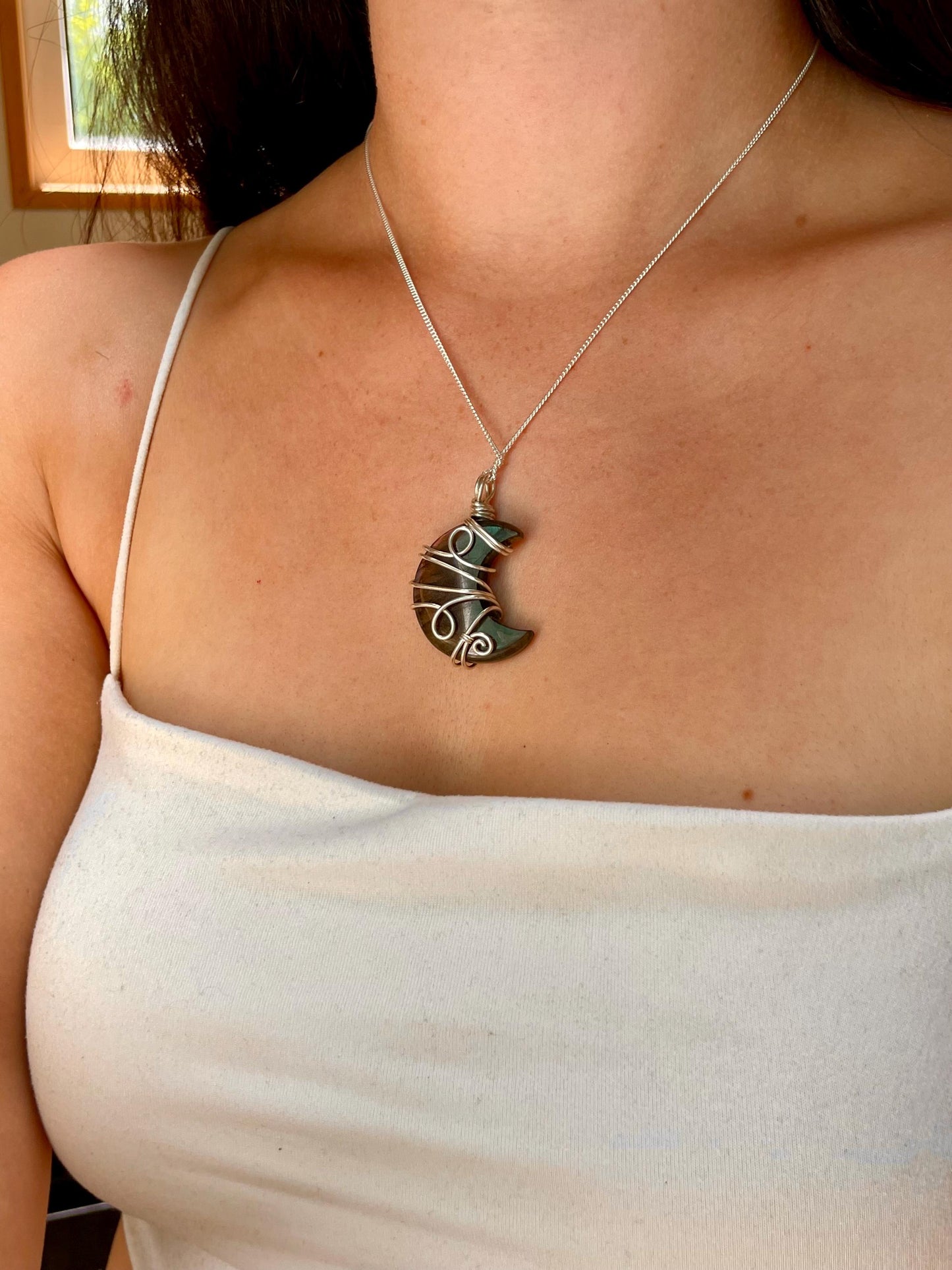 Labradorite crescent moon necklace, Sterling Silver pendant, Witchy gift for her