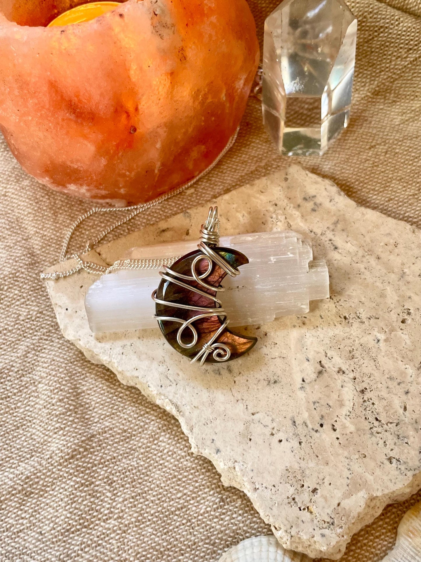 Labradorite crescent moon necklace, Sterling Silver pendant, Witchy gift for her