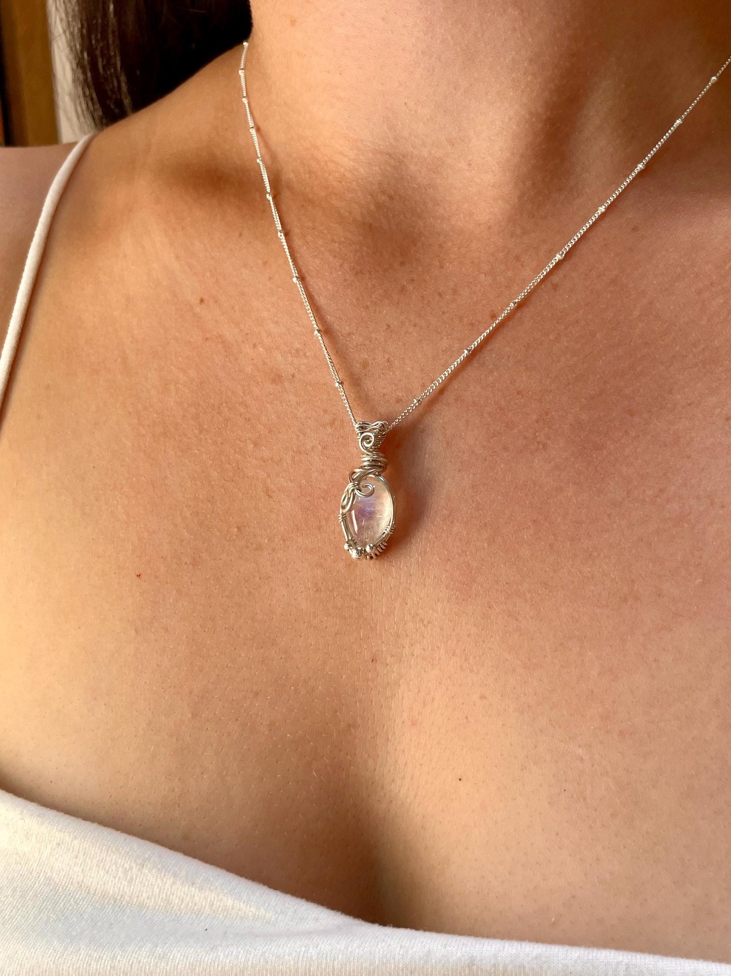 Rainbow Moonstone in Sterling Silver necklace, Minimal dainty jewellery, June Birthstone