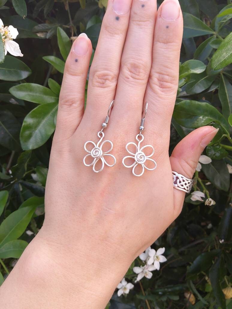 Sterling silver flower earrings, floral gift for her, hippie boho dainty style