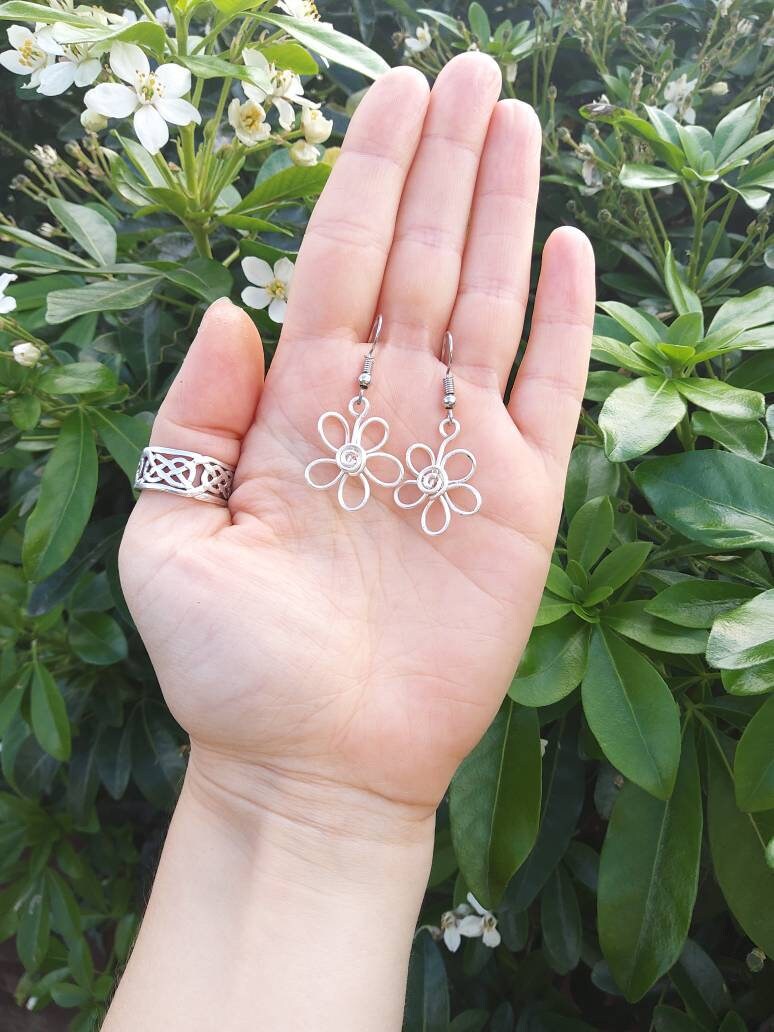 Sterling silver flower earrings, floral gift for her, hippie boho dainty style