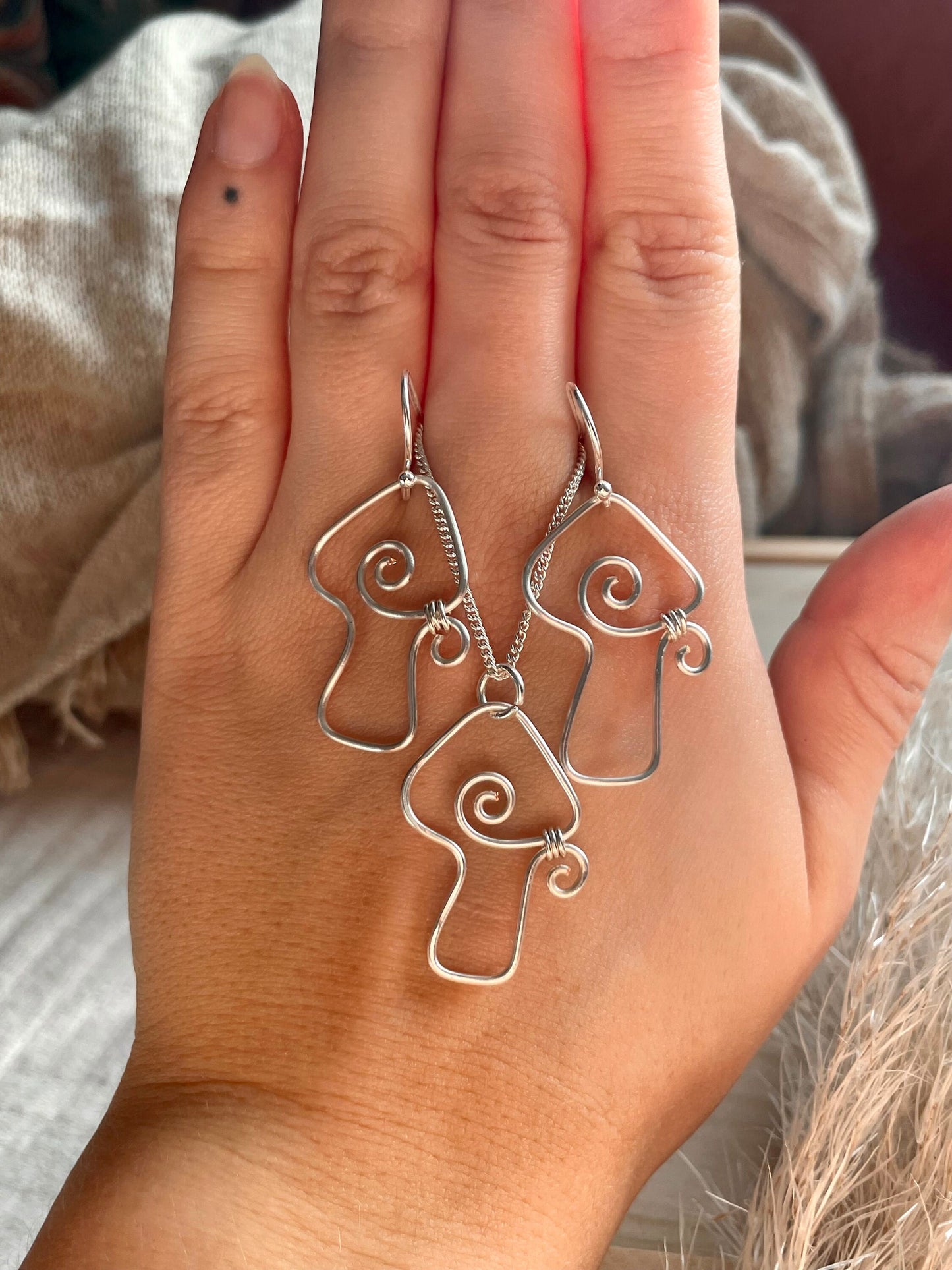 Sterling Silver Mushroom gift set mushroom earrings silver dangle wire wrapped mushroom earrings gift for her gift ideas