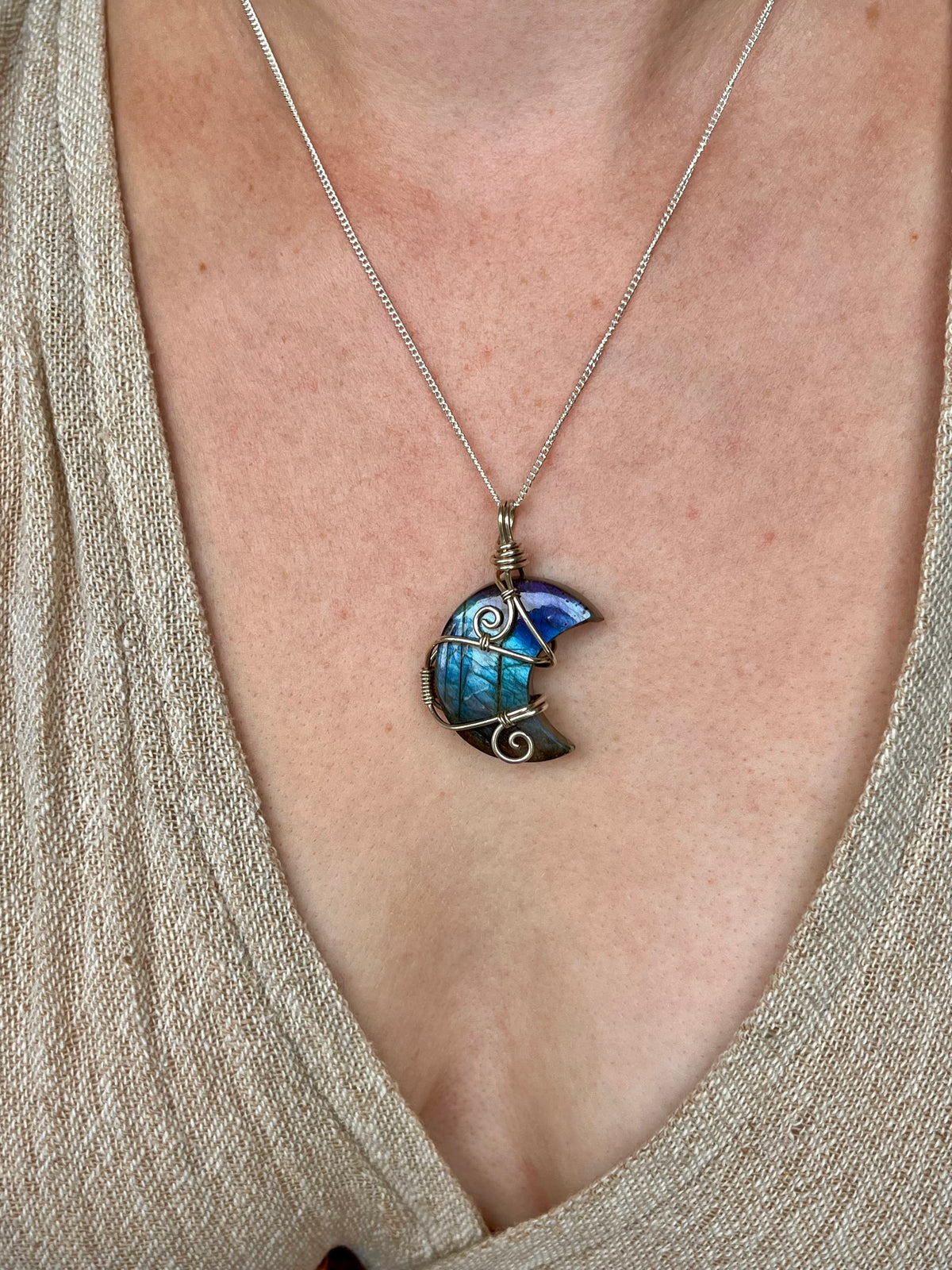 Labradorite crescent moon necklace, Sterling Silver pendant, Witchy gift for her