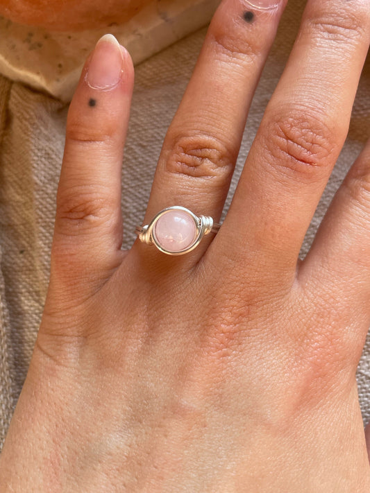 Sterling Silver Rose Quartz ring, wire wrapped, boho gift for her, love and passion