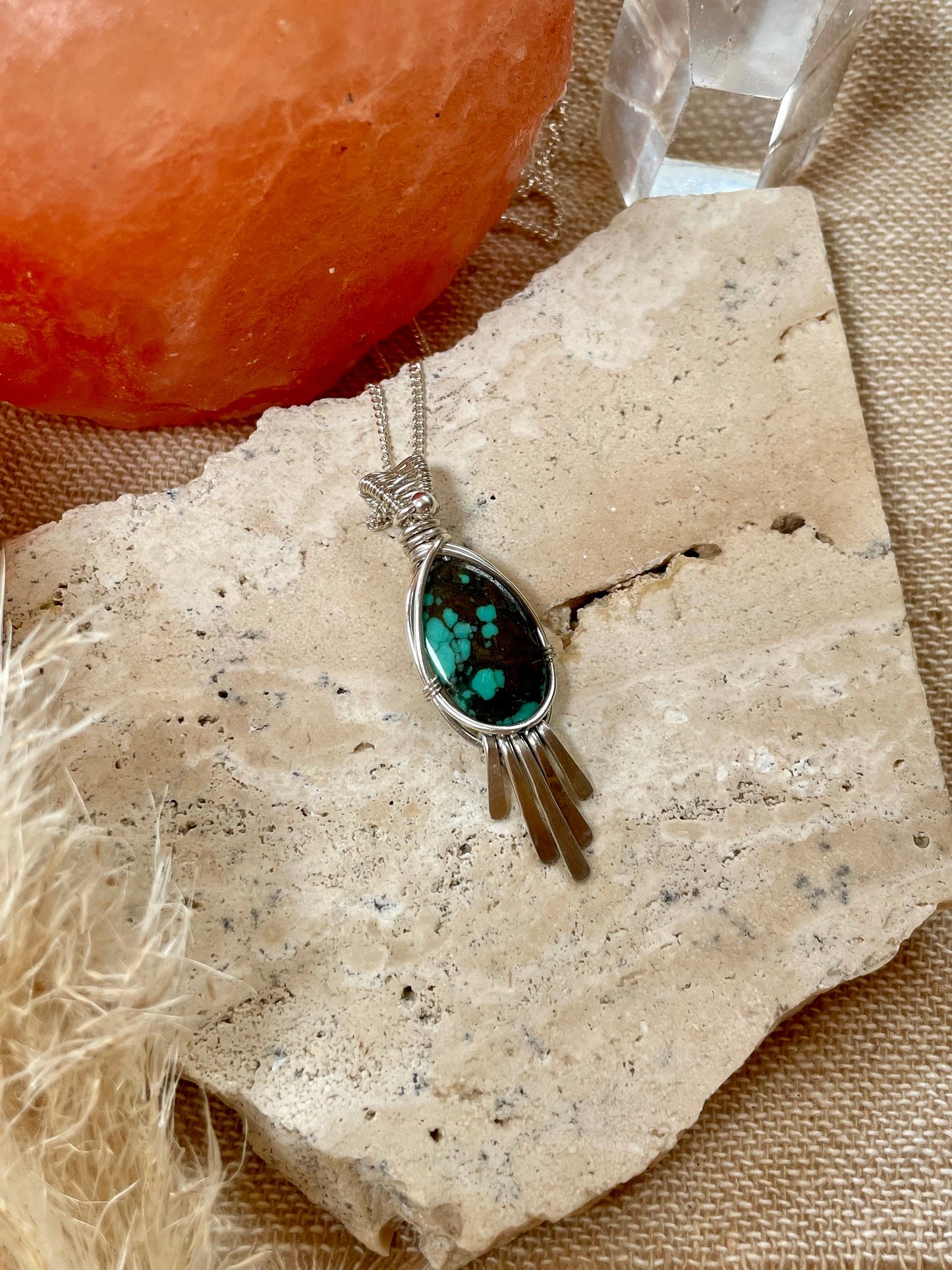 Turquoise in Sterling Silver necklace, Tassel Fringe Pendant, December Birthstone, Gift for her