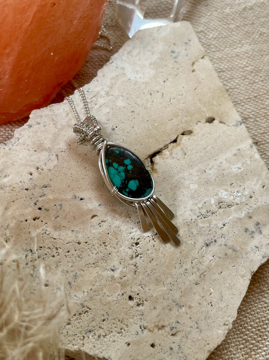 Turquoise in Sterling Silver necklace, Tassel Fringe Pendant, December Birthstone, Gift for her