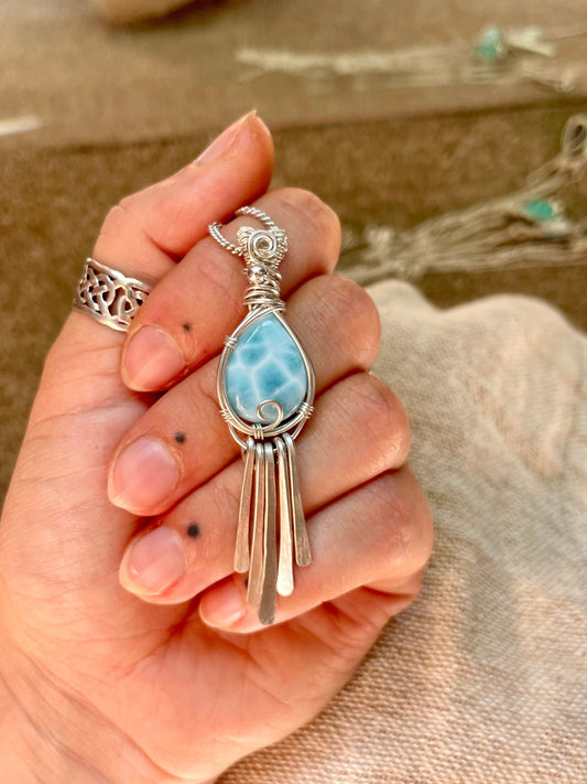Larimar in Sterling Silver, Gift for her, Ocean inspired necklace, Wire wrapped crystal