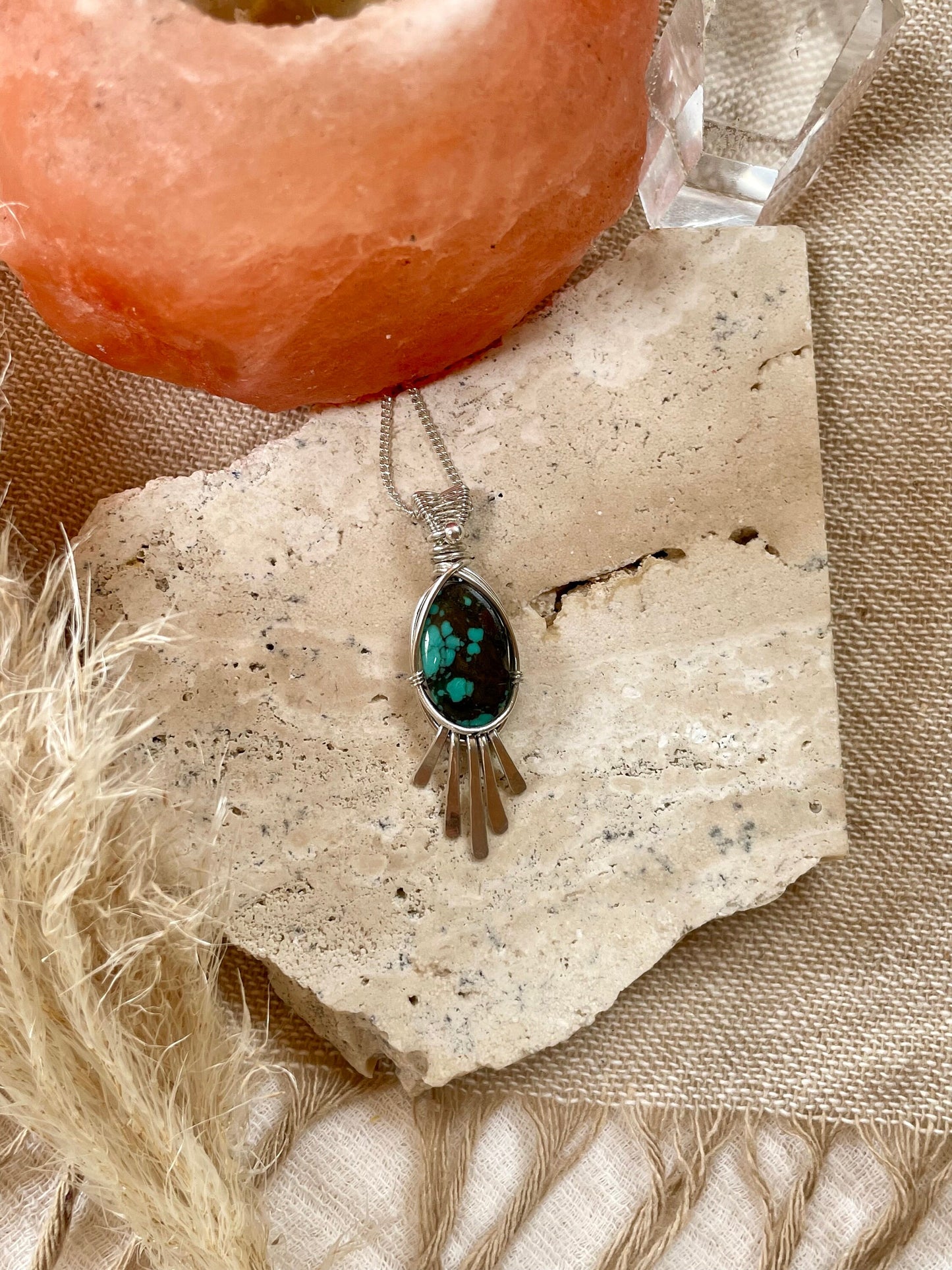 Turquoise in Sterling Silver necklace, Tassel Fringe Pendant, December Birthstone, Gift for her