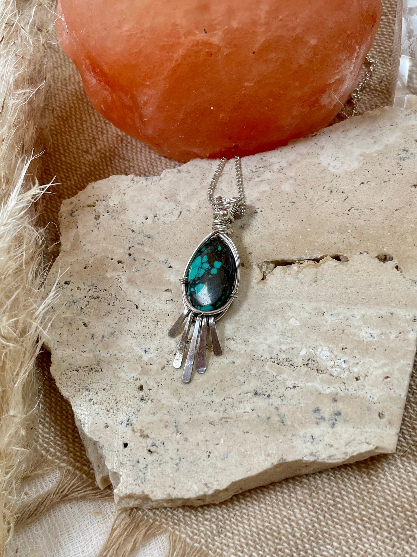 Turquoise in Sterling Silver necklace, Tassel Fringe Pendant, December Birthstone, Gift for her