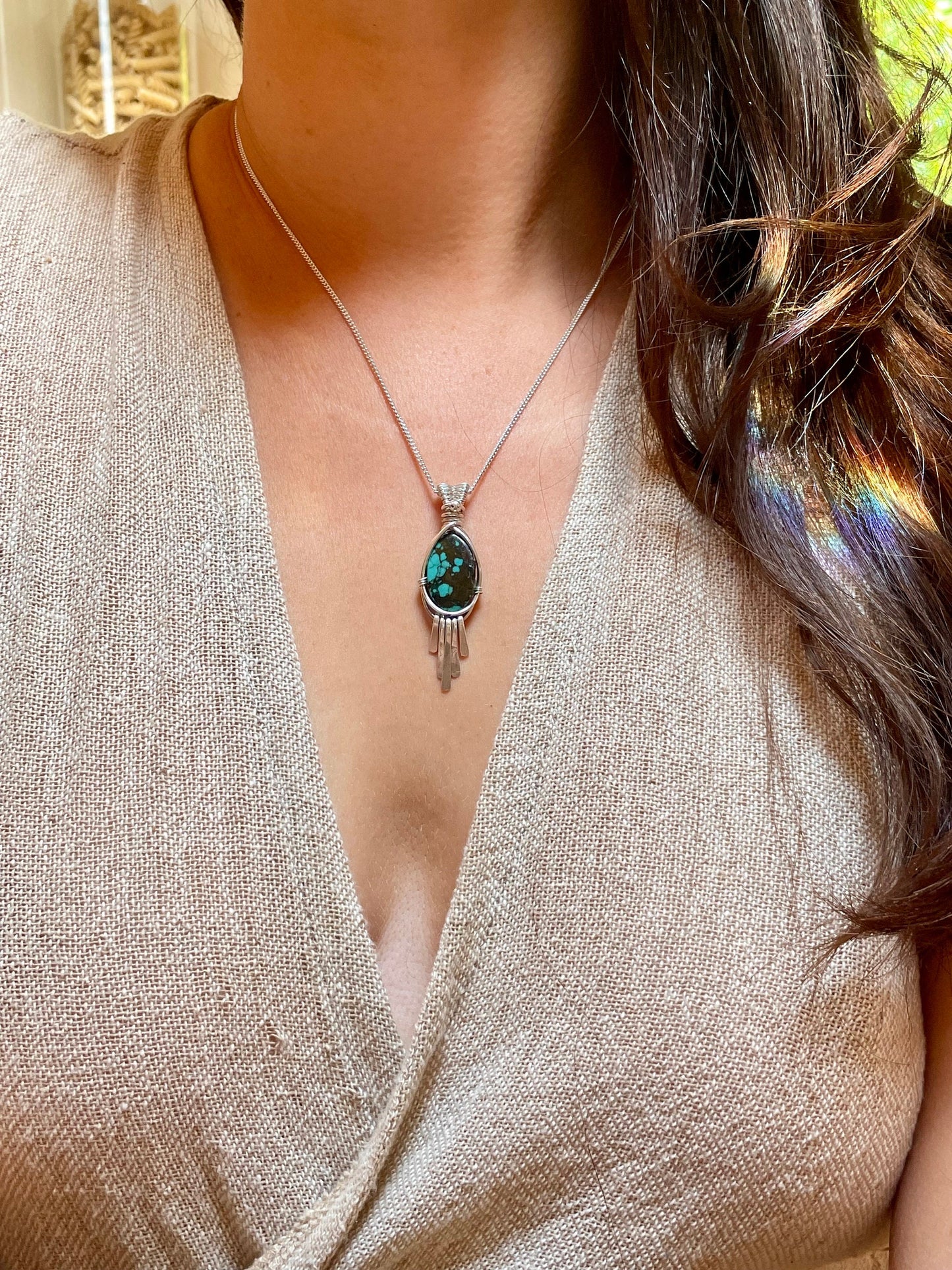 Turquoise in Sterling Silver necklace, Tassel Fringe Pendant, December Birthstone, Gift for her