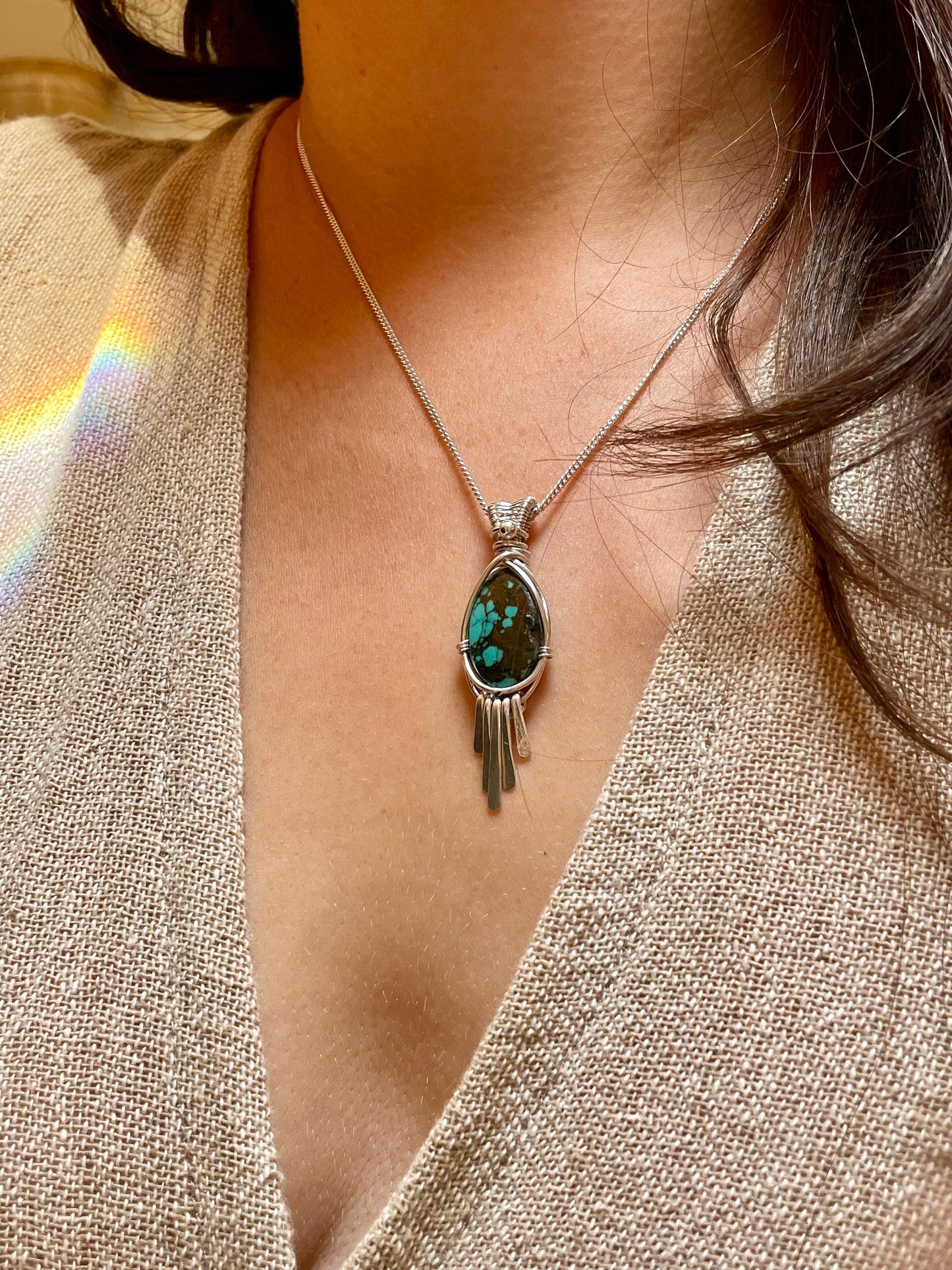 Turquoise in Sterling Silver necklace, Tassel Fringe Pendant, December Birthstone, Gift for her