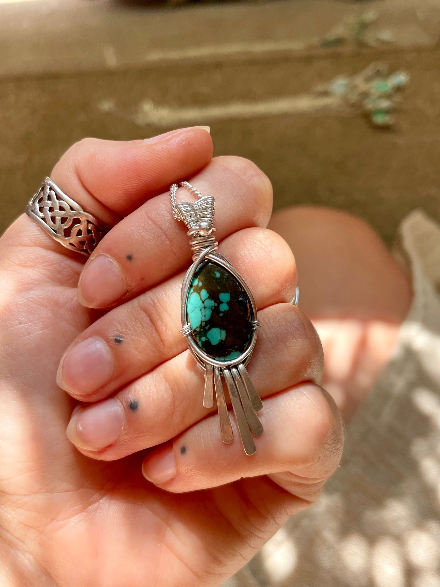 Turquoise in Sterling Silver necklace, Tassel Fringe Pendant, December Birthstone, Gift for her