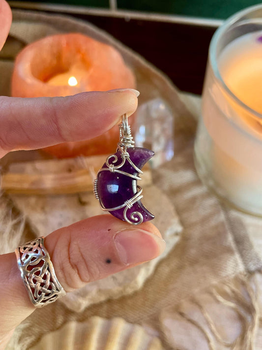 Sterling Silver Amethyst Moon necklace, Witchy gift for her, Stress and Anxiety