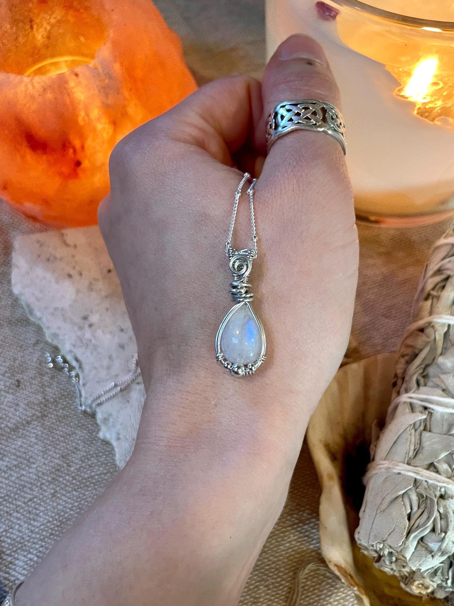 Rainbow Moonstone Silver necklace, Goddess Gift for her, Wire wrap, June Birthday