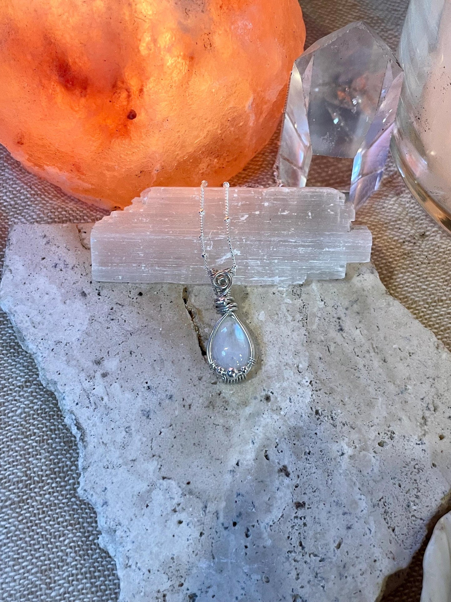 Rainbow Moonstone Silver necklace, Goddess Gift for her, Wire wrap, June Birthday